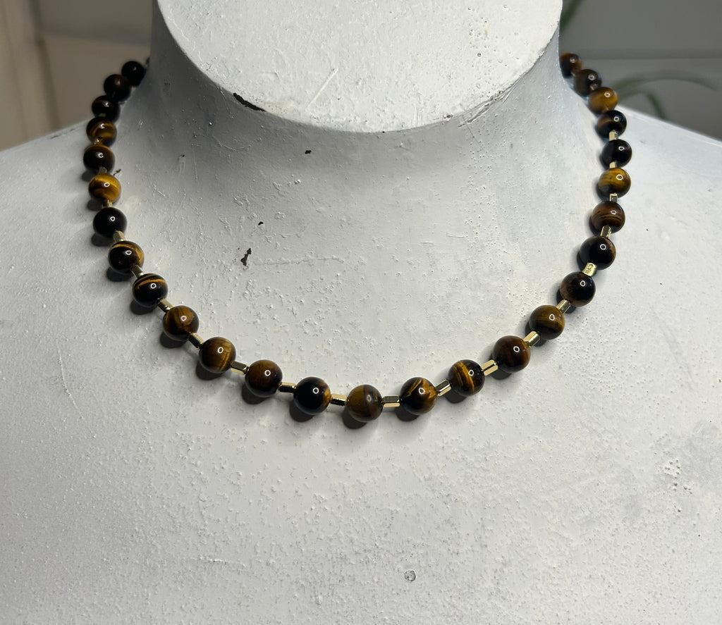 Tigers Eye & Gold Bar (even spaced) Necklace