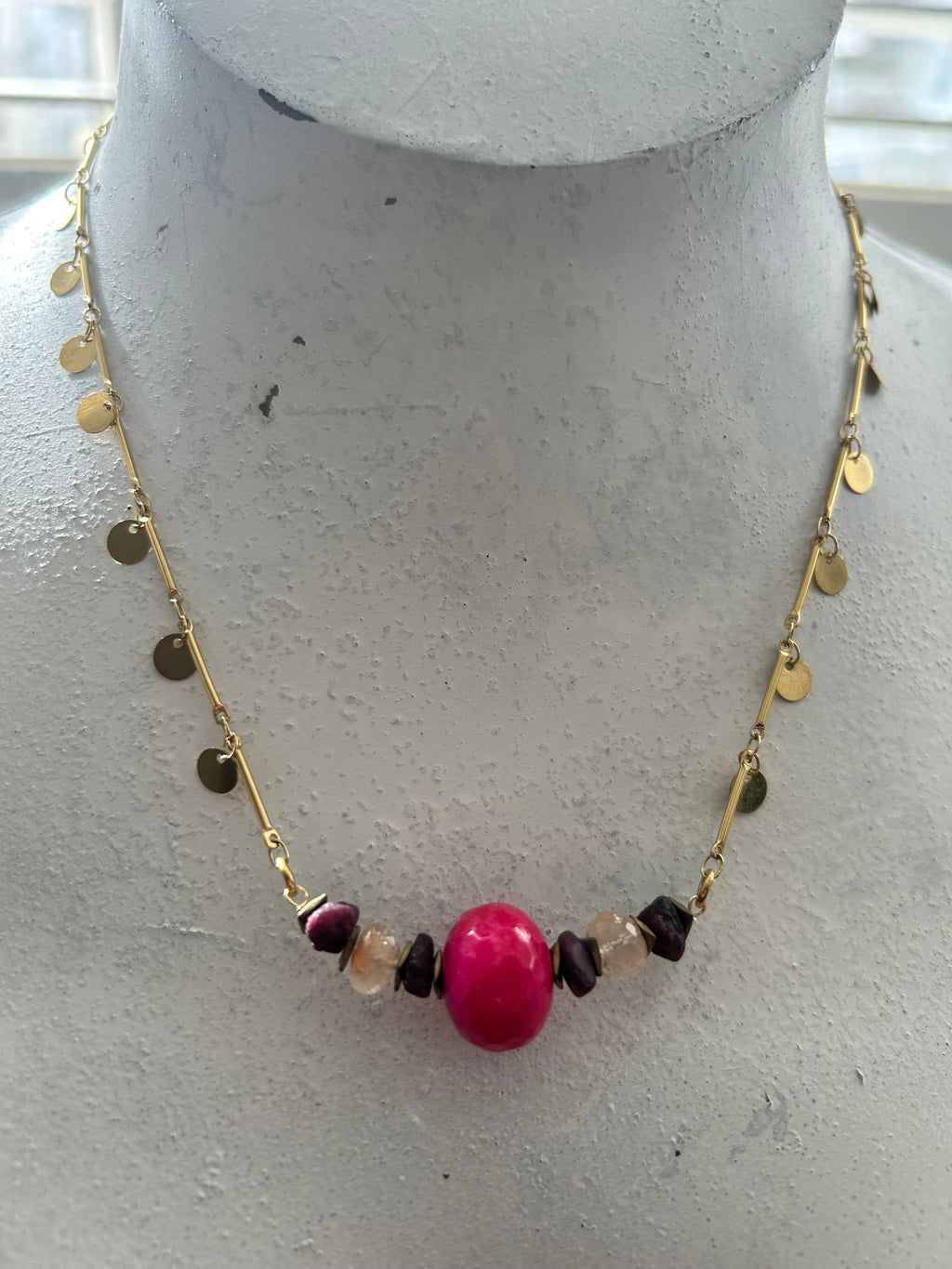 Pink Agate & Mixed Bead Chain Necklace