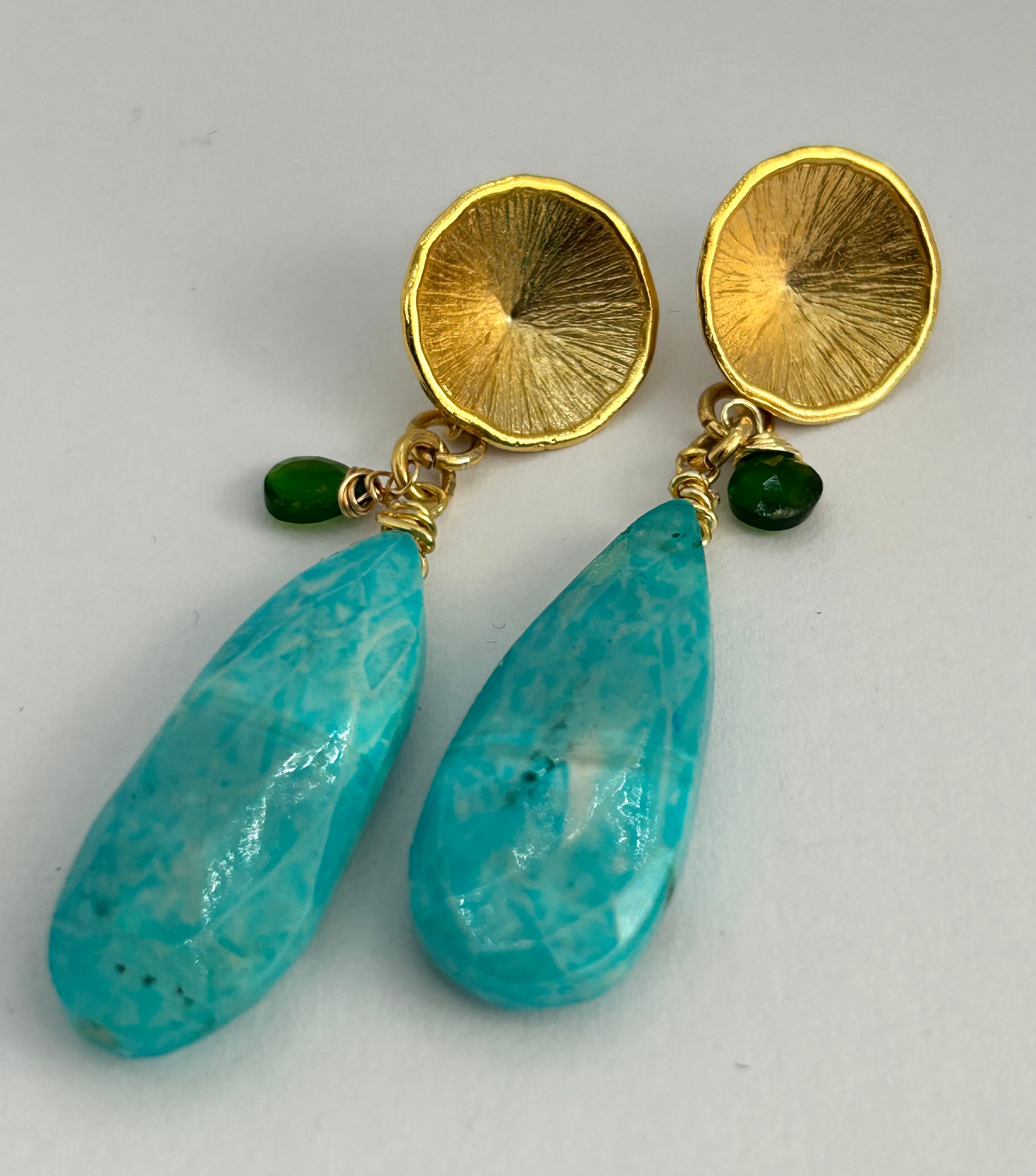 Blue Sardonyx & Diopside Gold Plate Earrings