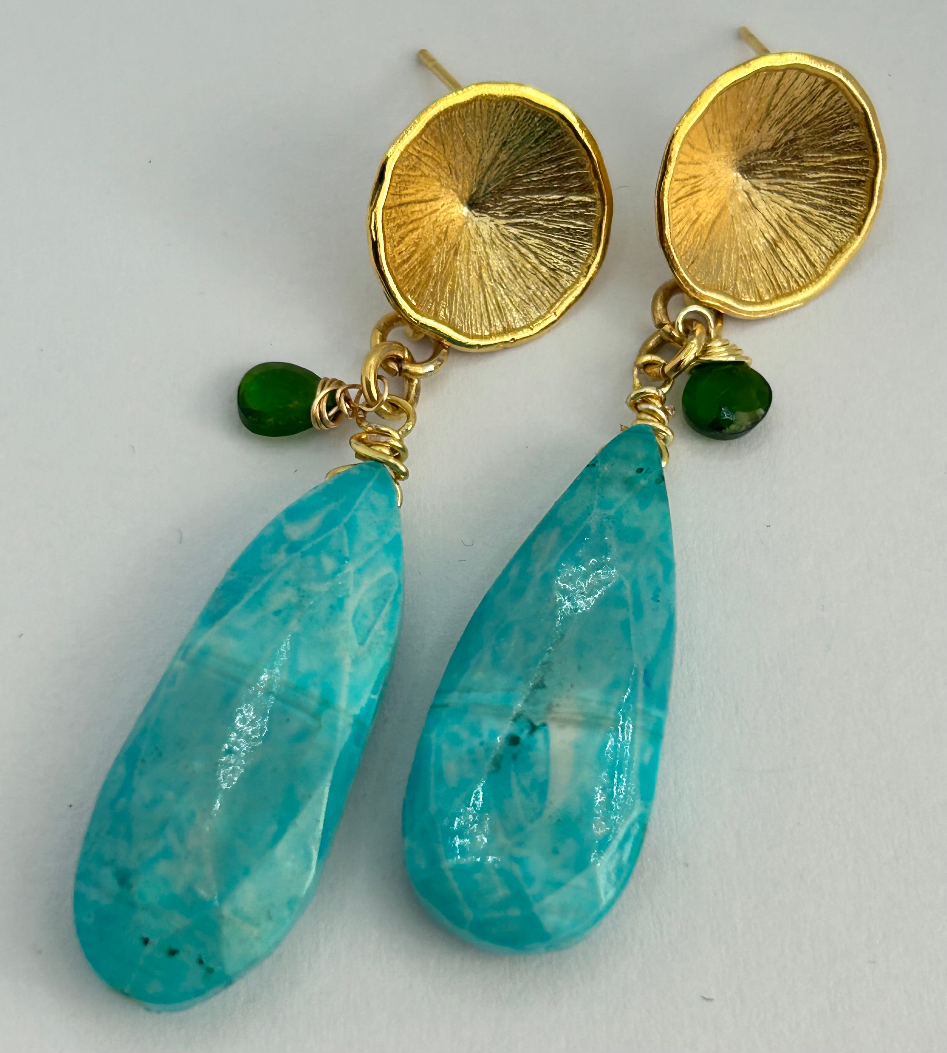 Blue Sardonyx & Diopside Gold Plate Earrings