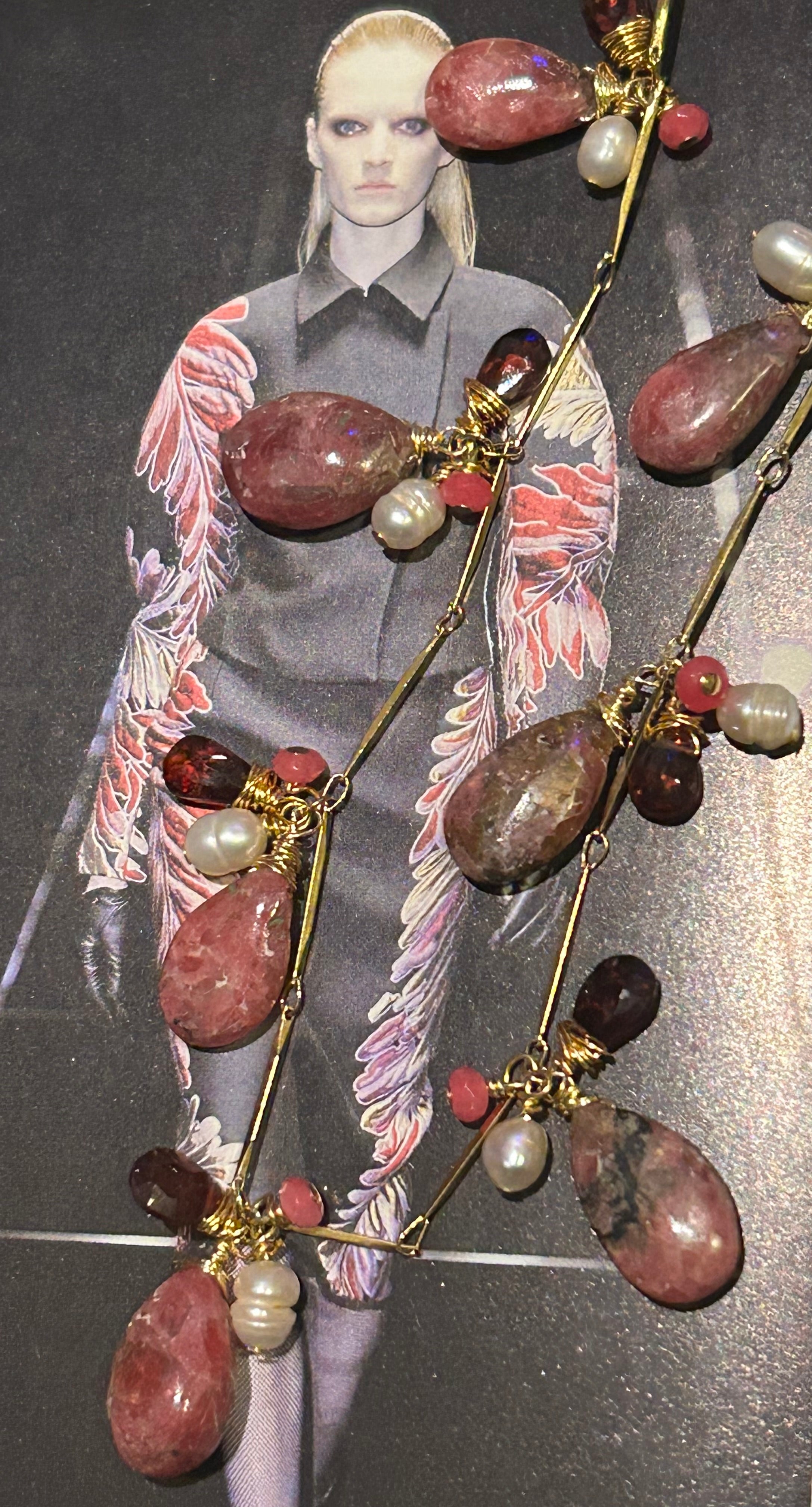 Rhodonite, Pink Kyanite, Pearl & Garnet on 24ct Gold Plate