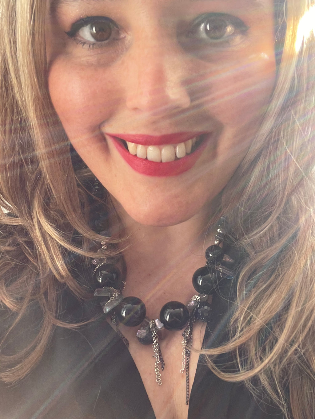 Onyx, Goldstone, Hematite, Quartz & Chain detail Necklace