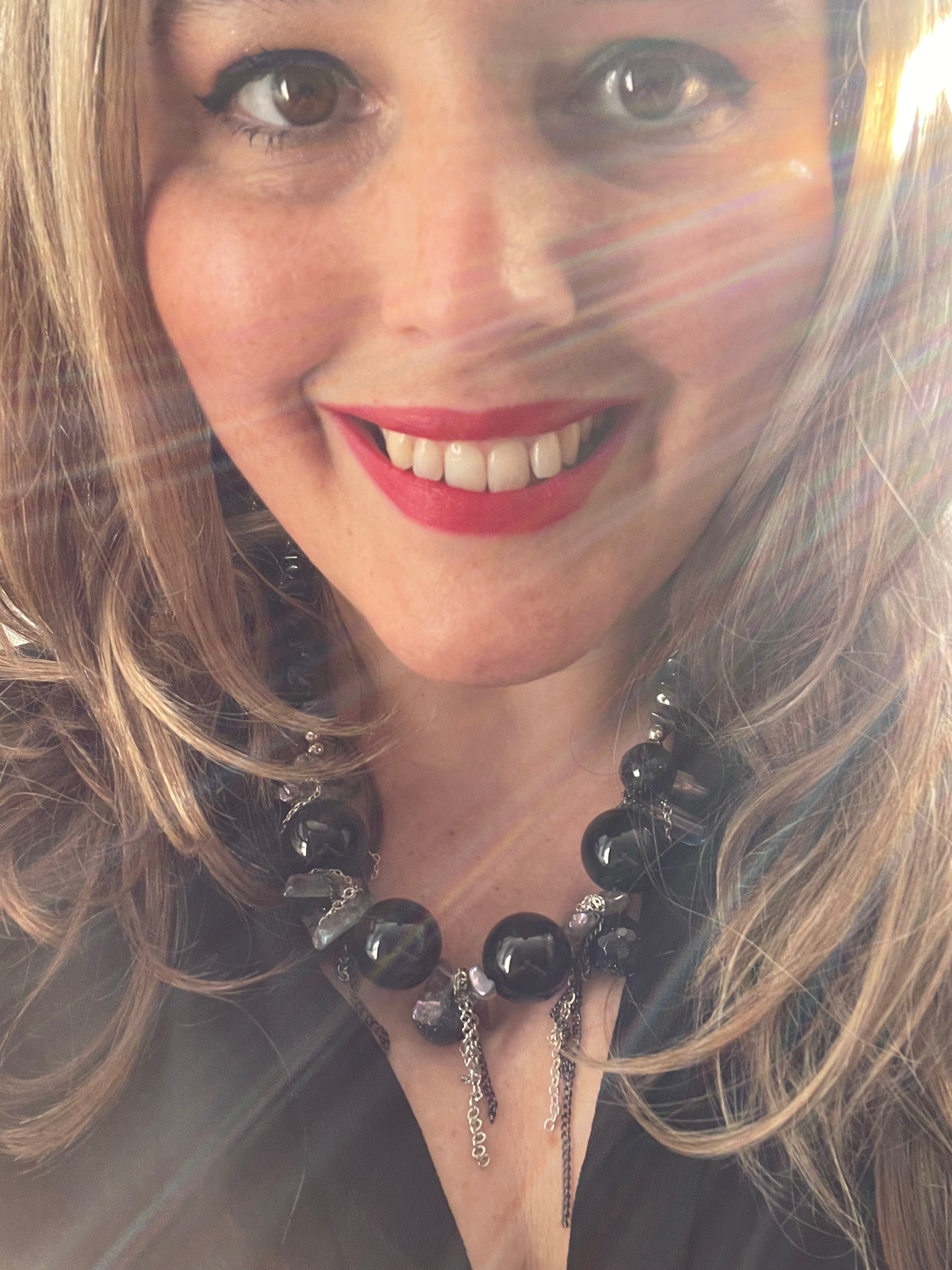 Onyx, Goldstone, Hematite, Quartz & Chain detail Necklace