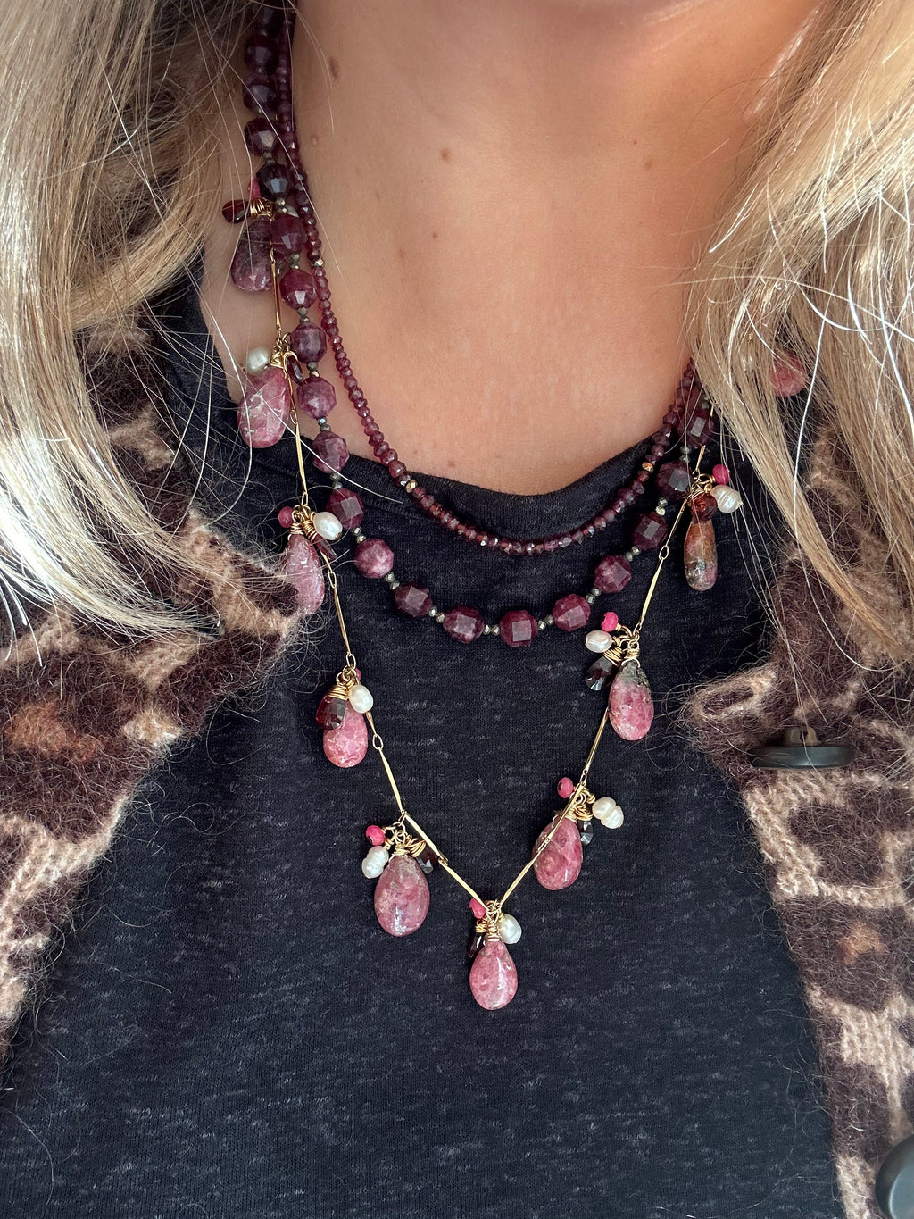 Rhodonite, Pink Kyanite, Pearl & Garnet on 24ct Gold Plate