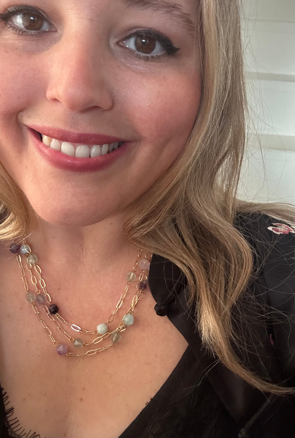 Aquamarine, Fluorite &  Amethyst Multi Strand Necklace on Gold Plate