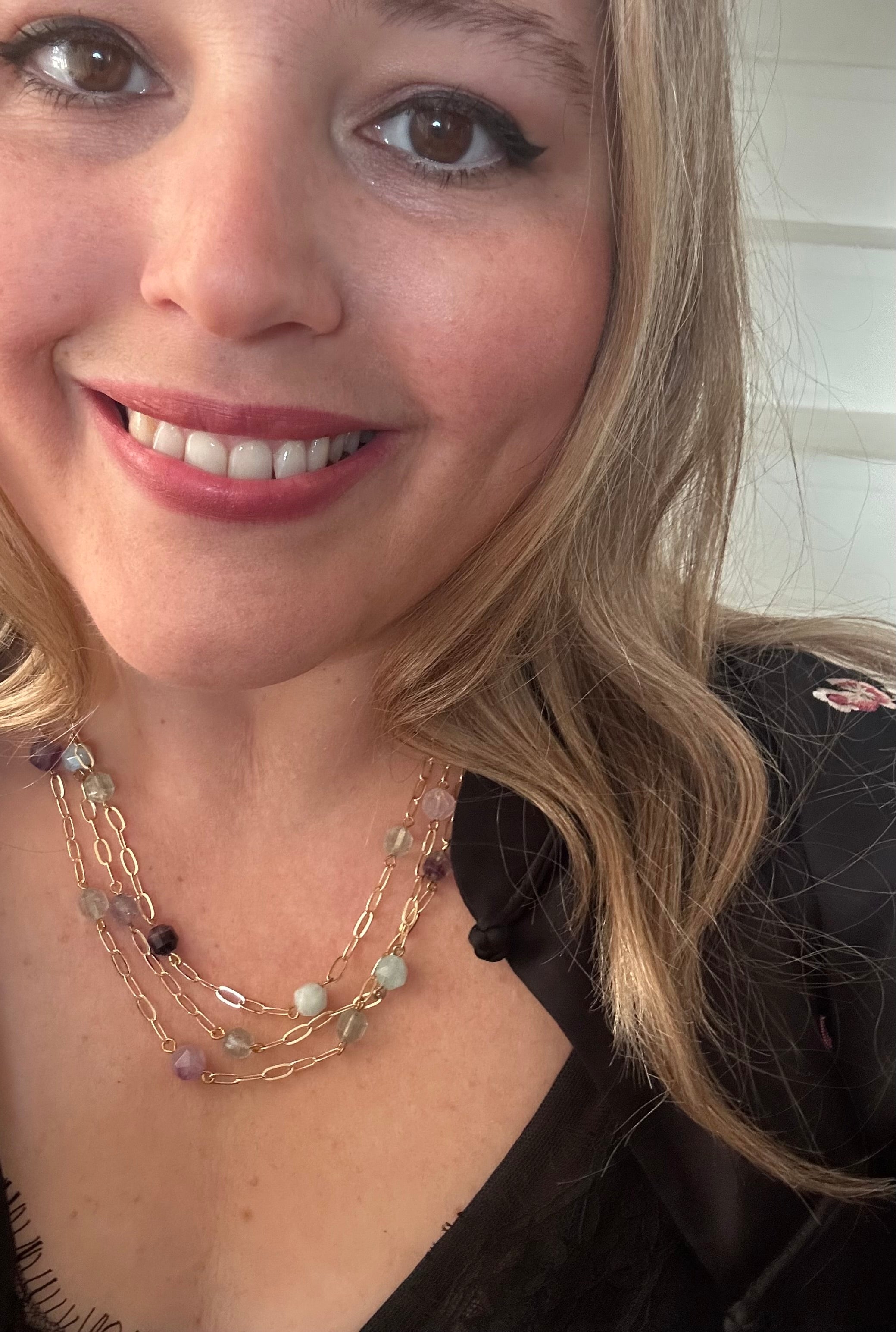 Aquamarine, Fluorite &  Amethyst Multi Strand Necklace on Gold Plate