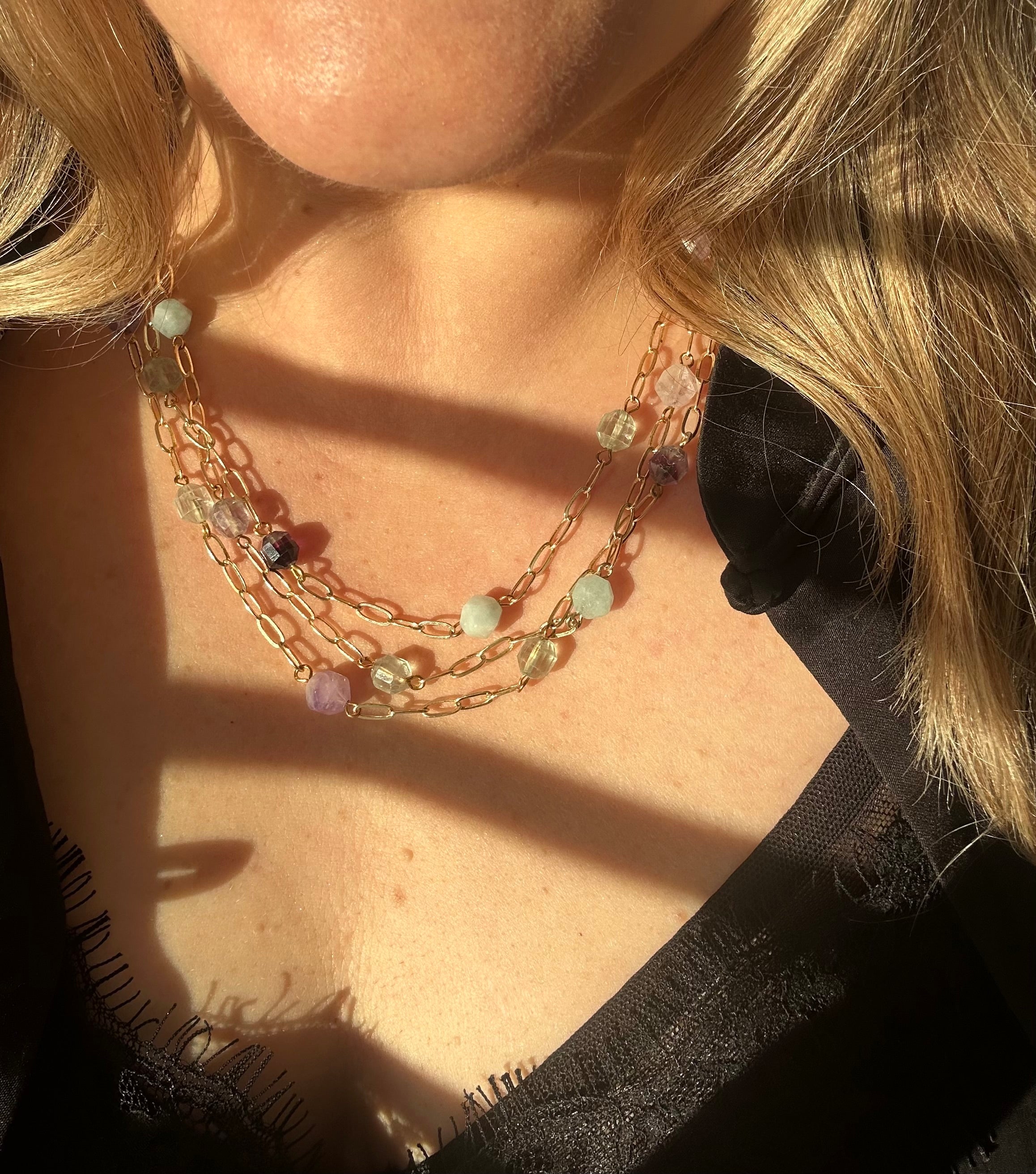 Aquamarine, Fluorite &  Amethyst Multi Strand Necklace on Gold Plate