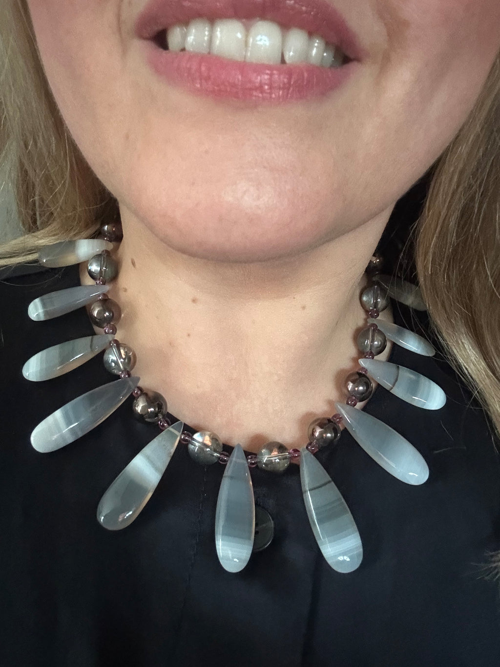 Banded Agate, Rock Crystal & Amethyst Fan Necklace