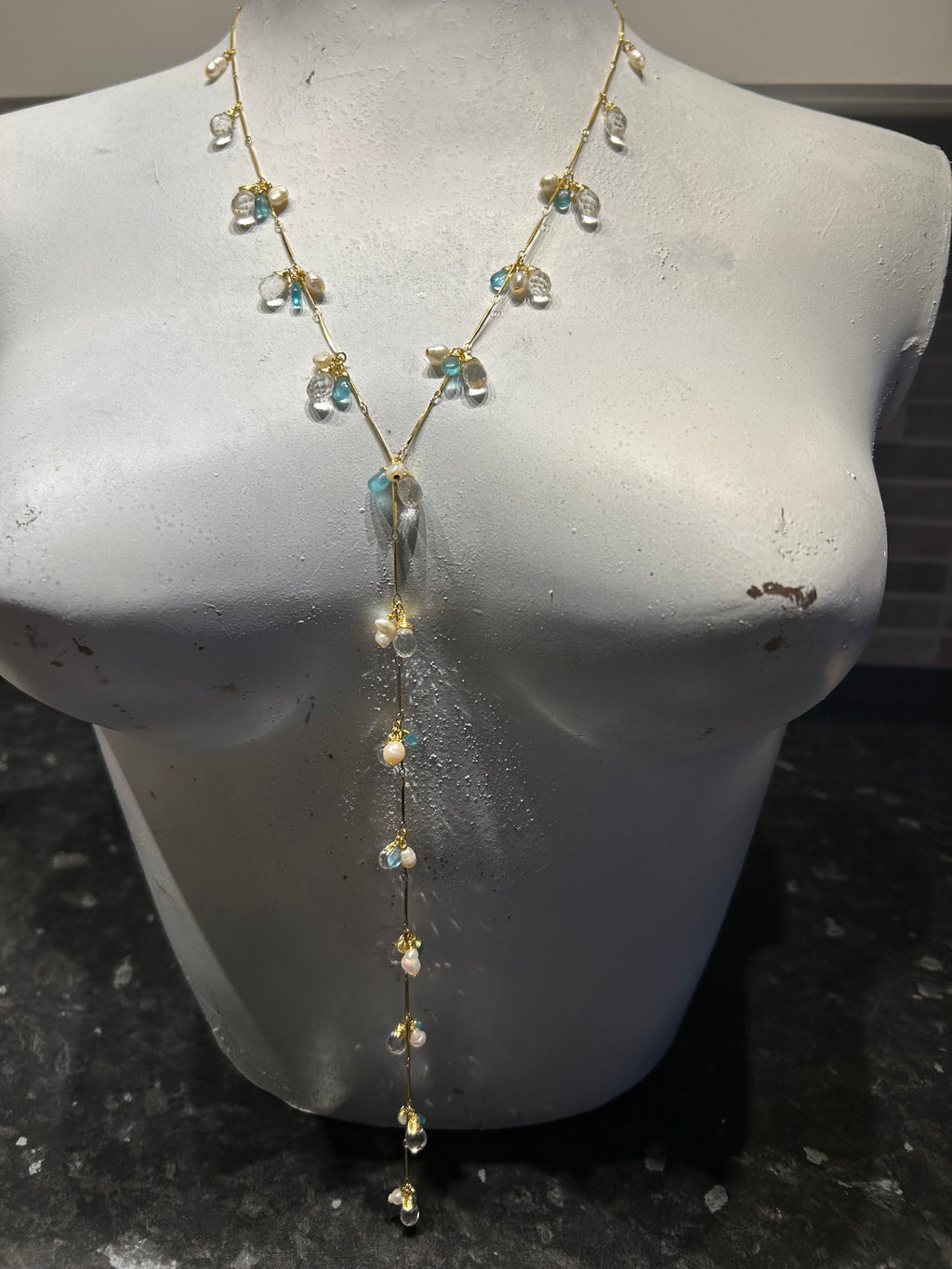 Pearl, Apatite & Clear Quartz Lariat Necklace