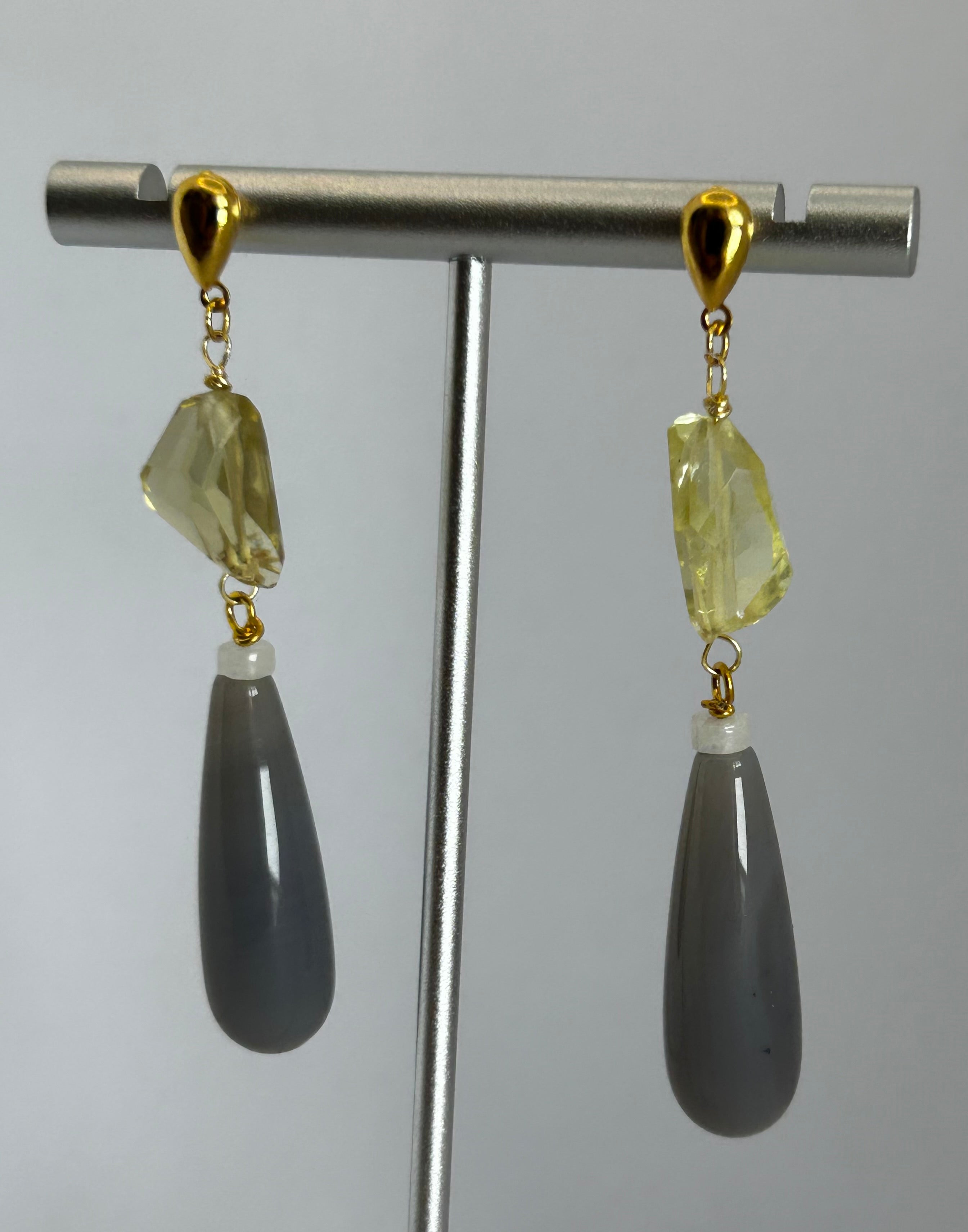Lemon Quartz & Grey Agate Drop Earrings.