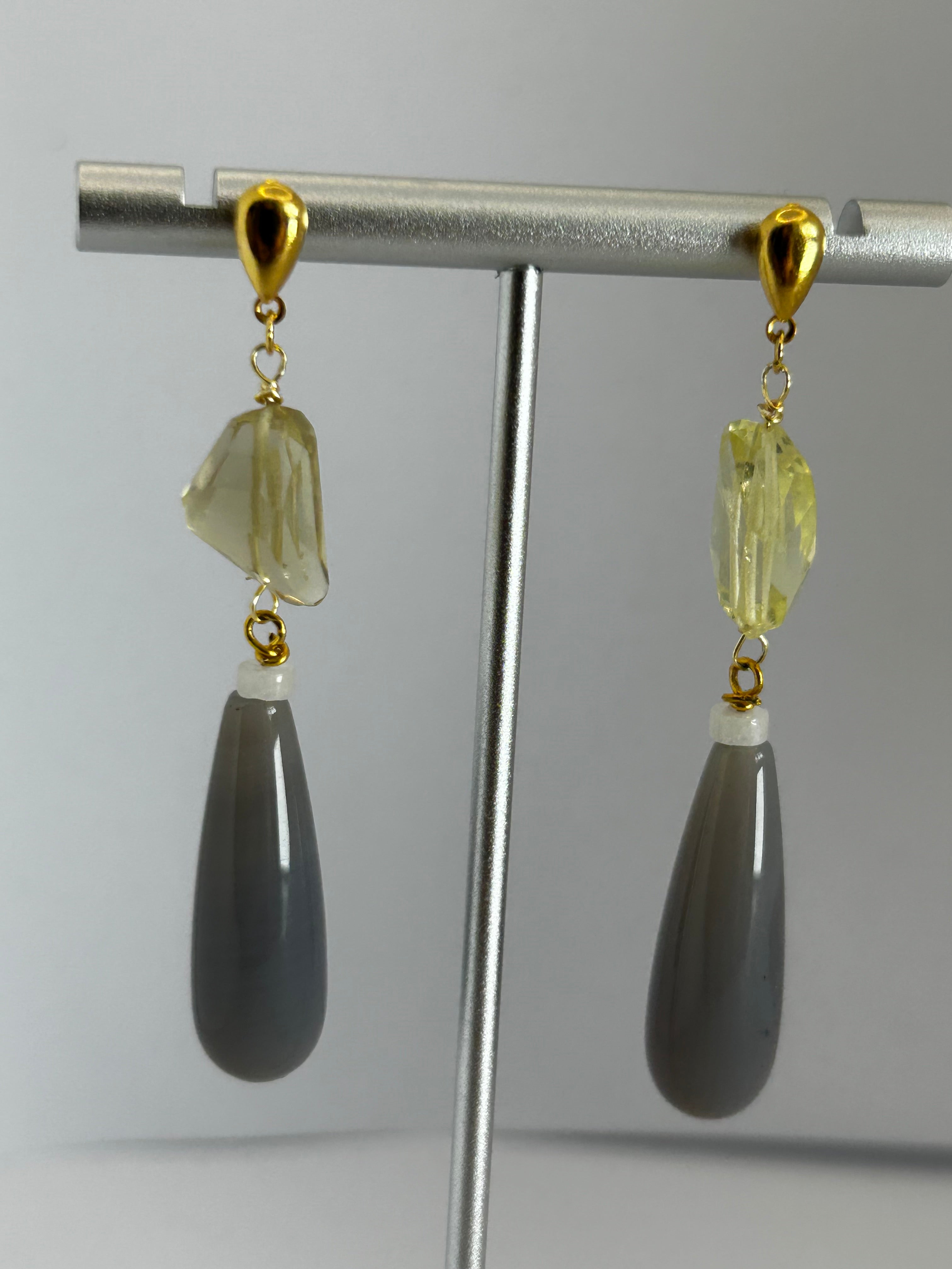 Lemon Quartz & Grey Agate Drop Earrings.