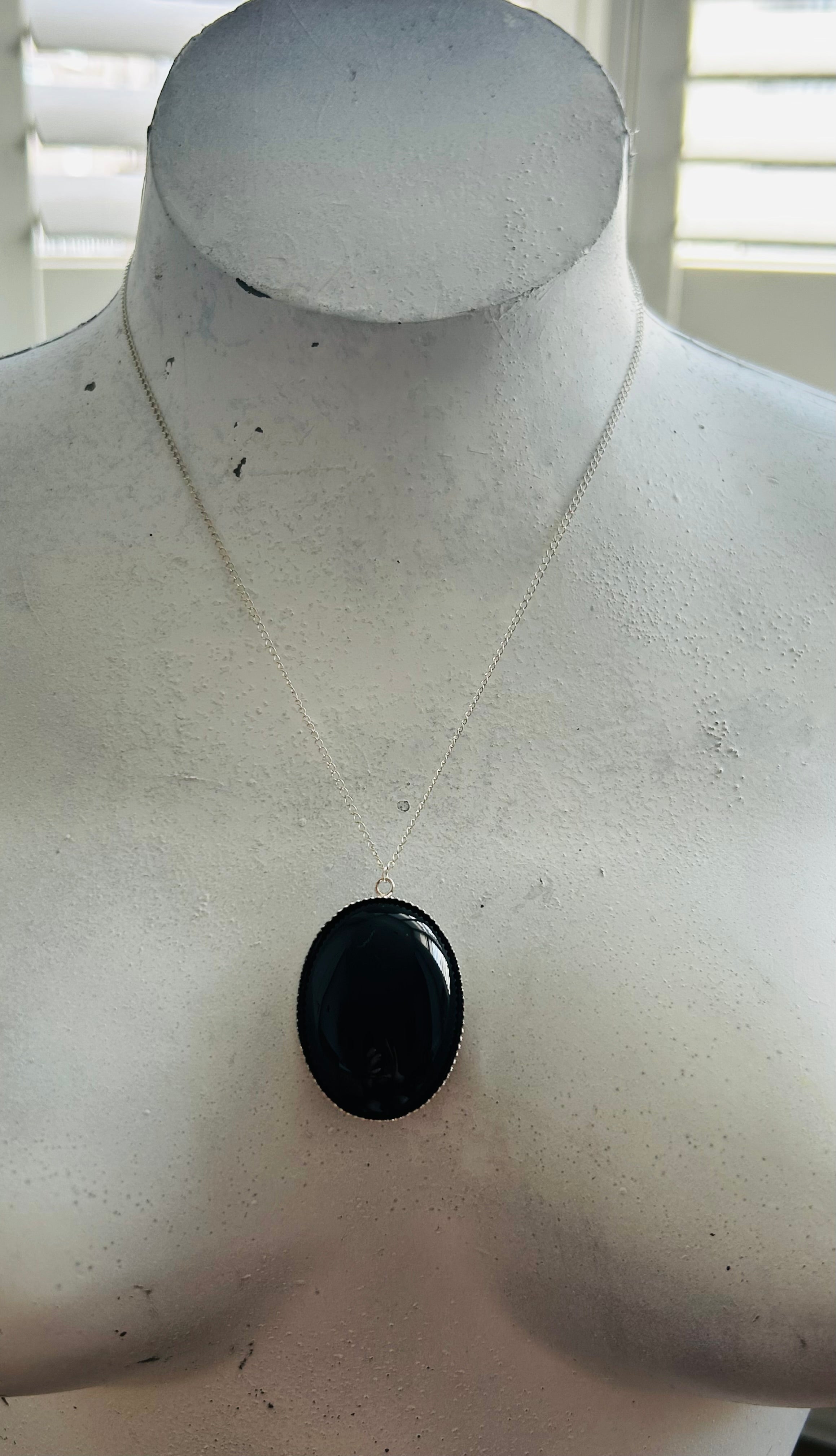 Large Black Onyx Pendant on Sterling Silver Necklace