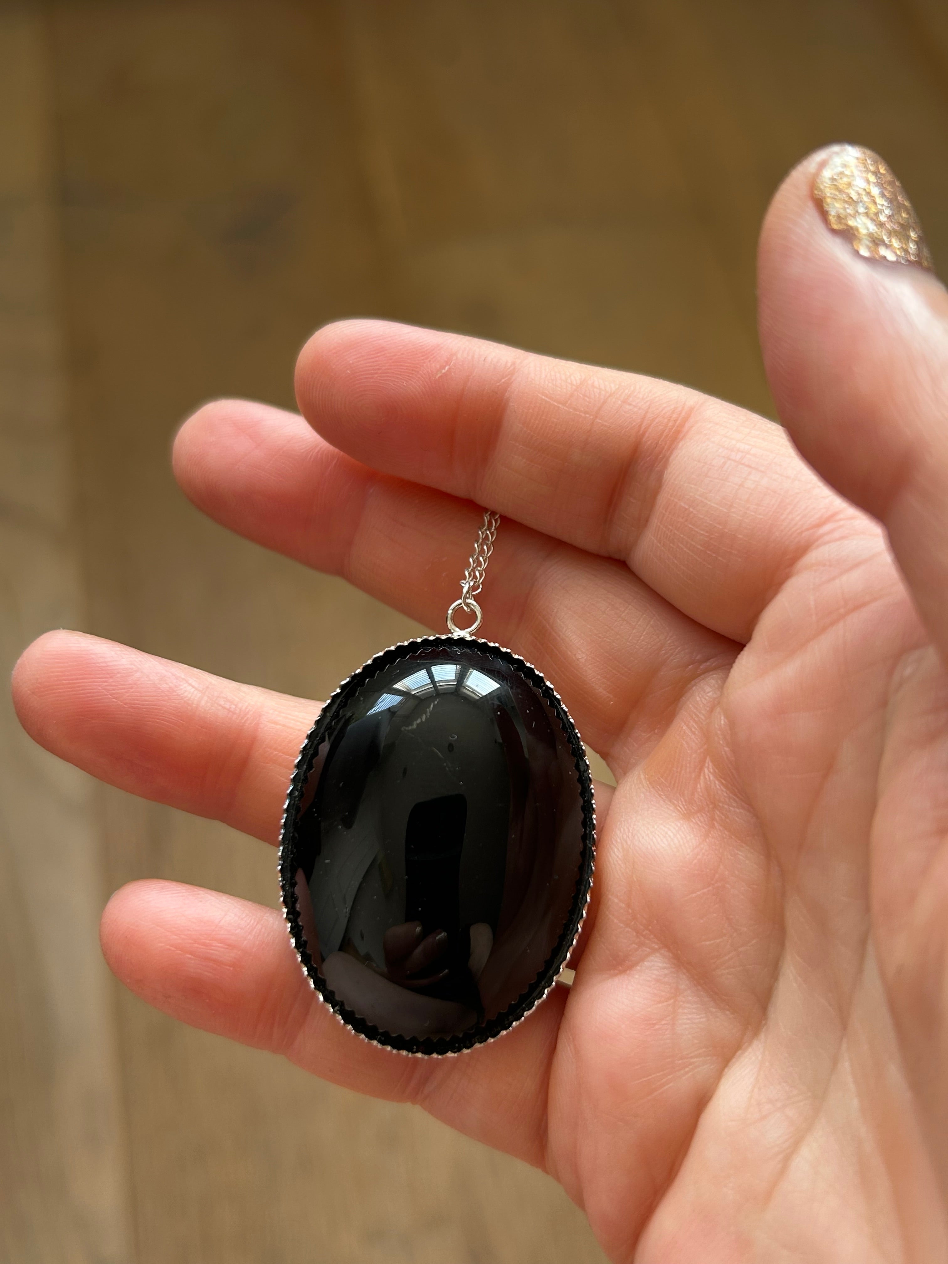 Large Black Onyx Pendant on Sterling Silver Necklace