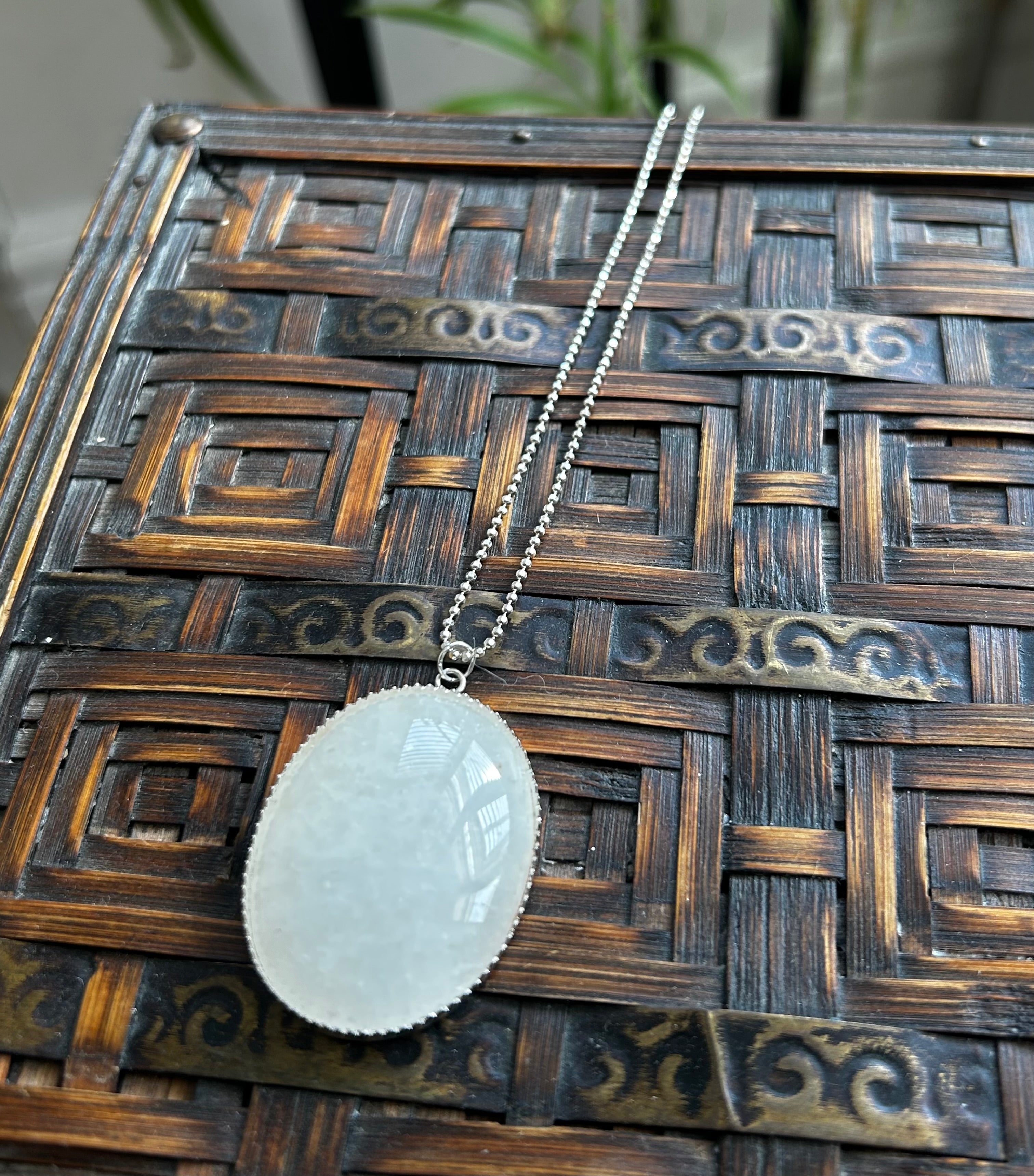 White Quartz Large Pendant on Sterling Silver Chain Necklace