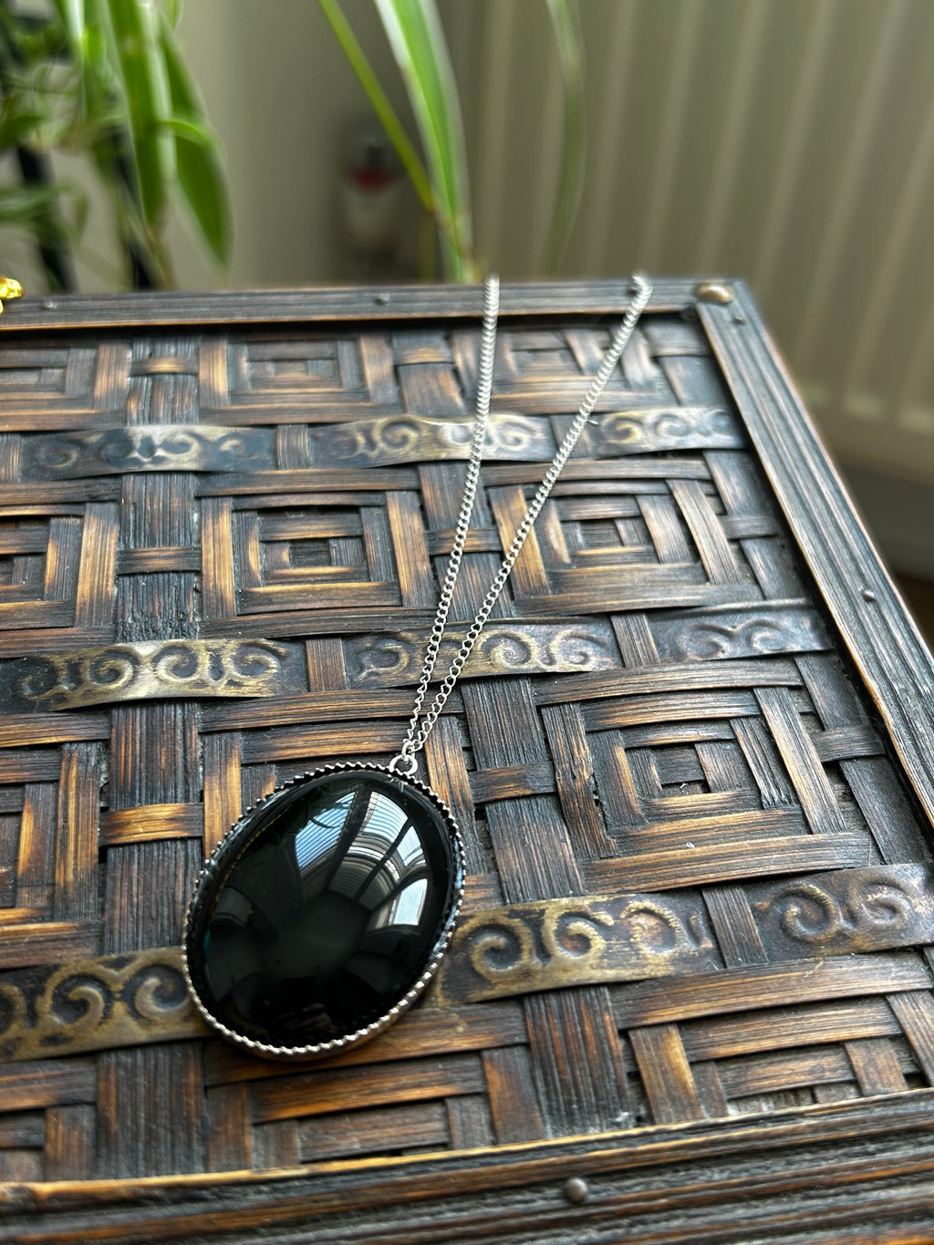 Large Black Onyx Pendant on Sterling Silver Necklace