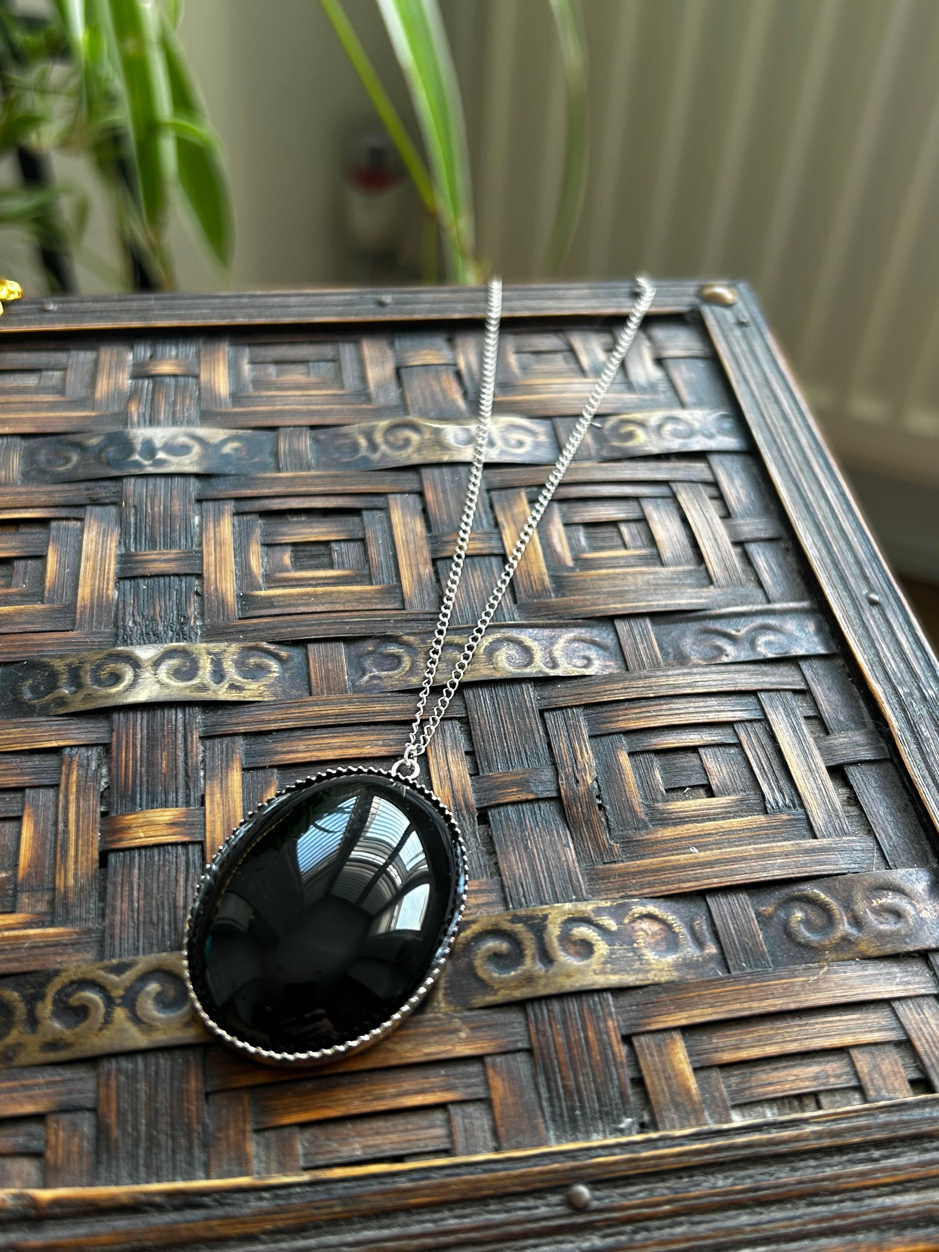 Large Black Onyx Pendant on Sterling Silver Necklace