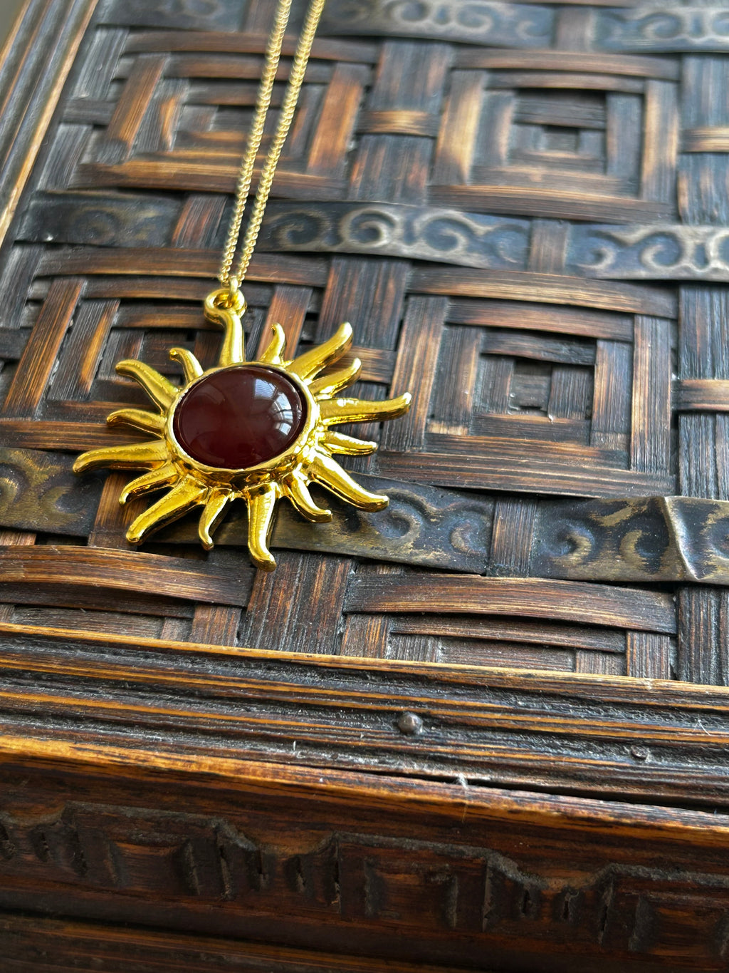 Carnelian Gold Sun Pendant Necklace