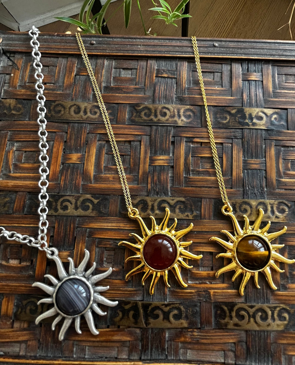 Botswana Agate on Silver Brass Sun Pendant Necklace