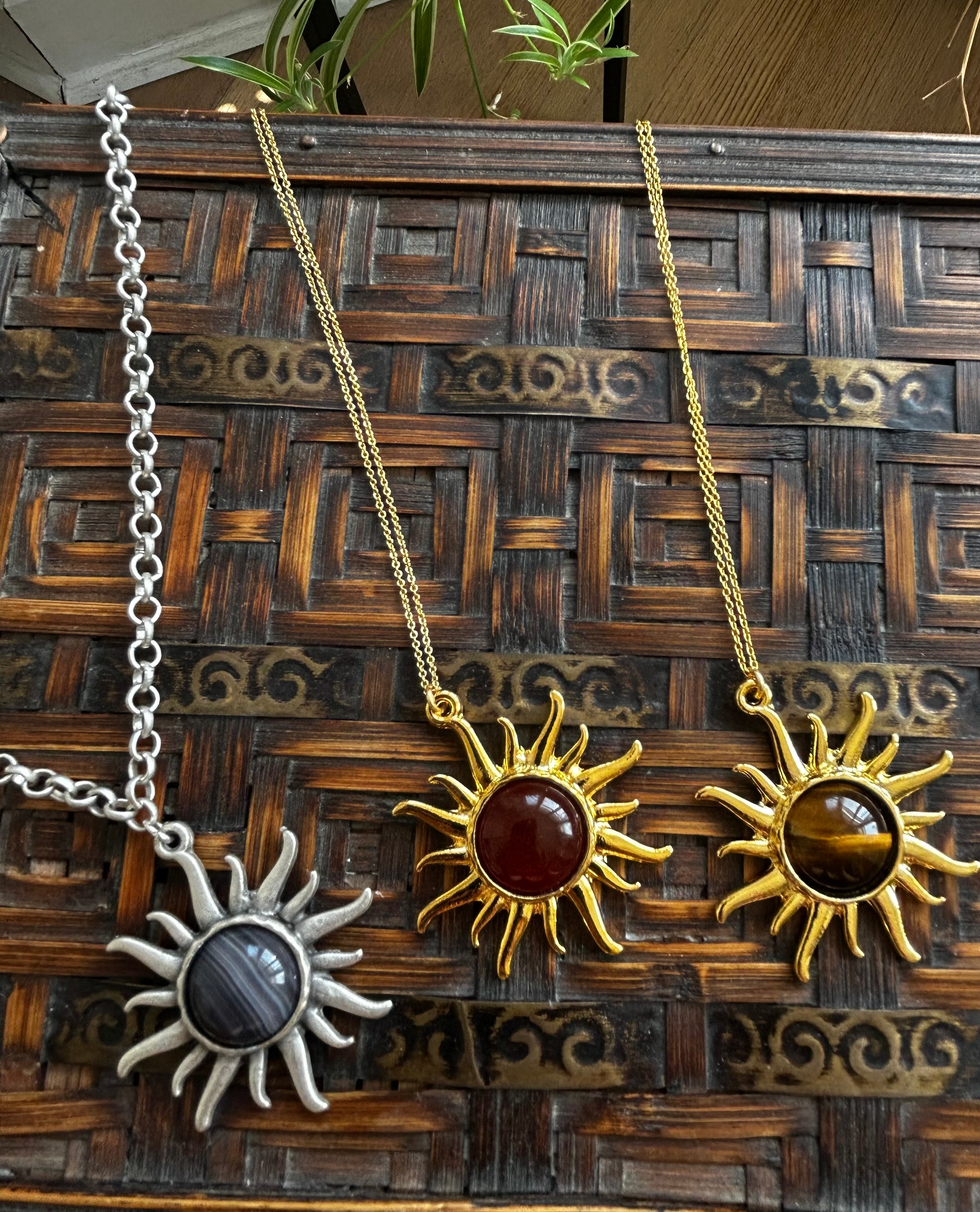 Botswana Agate on Silver Brass Sun Pendant Necklace