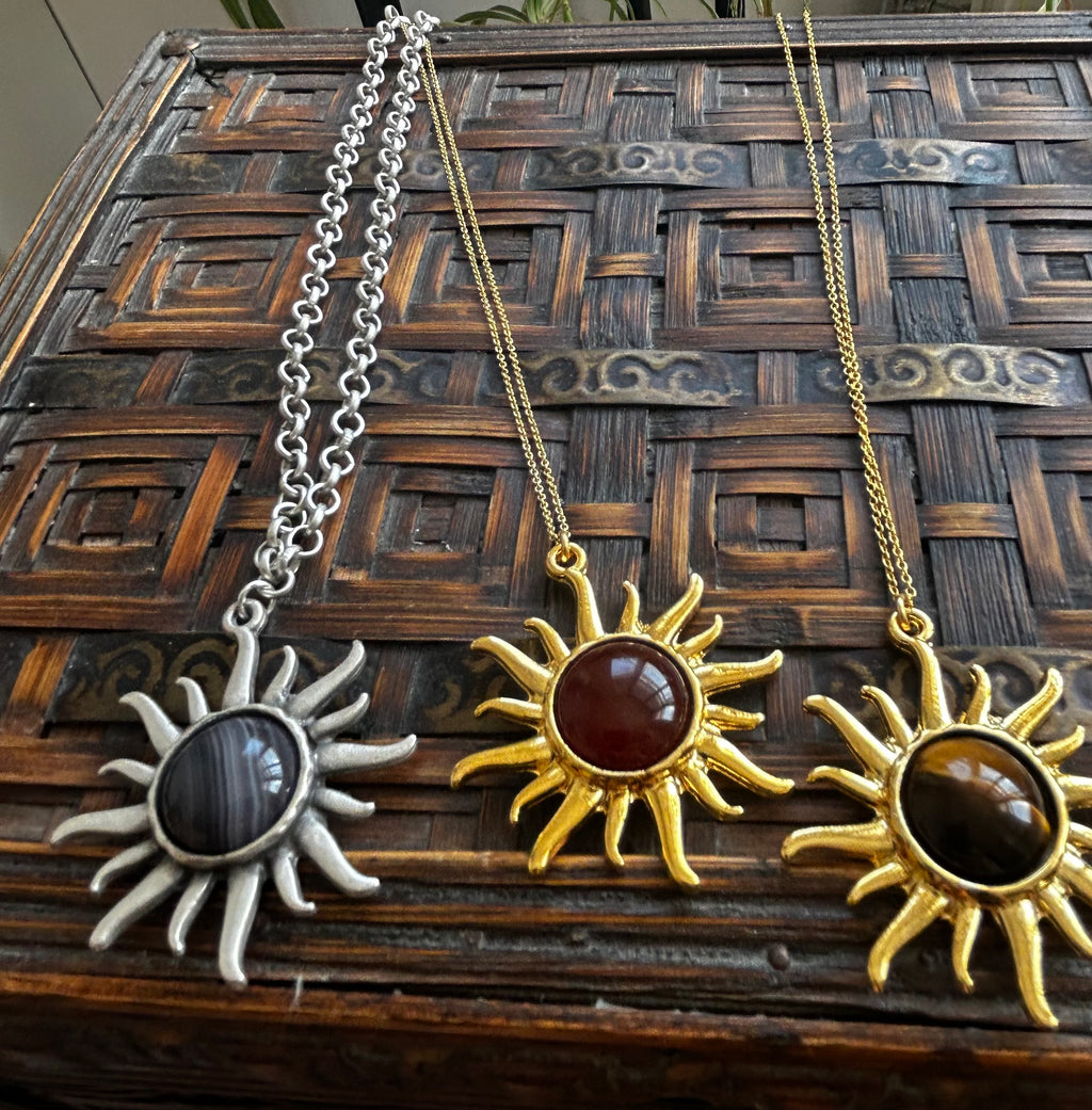 Botswana Agate on Silver Brass Sun Pendant Necklace