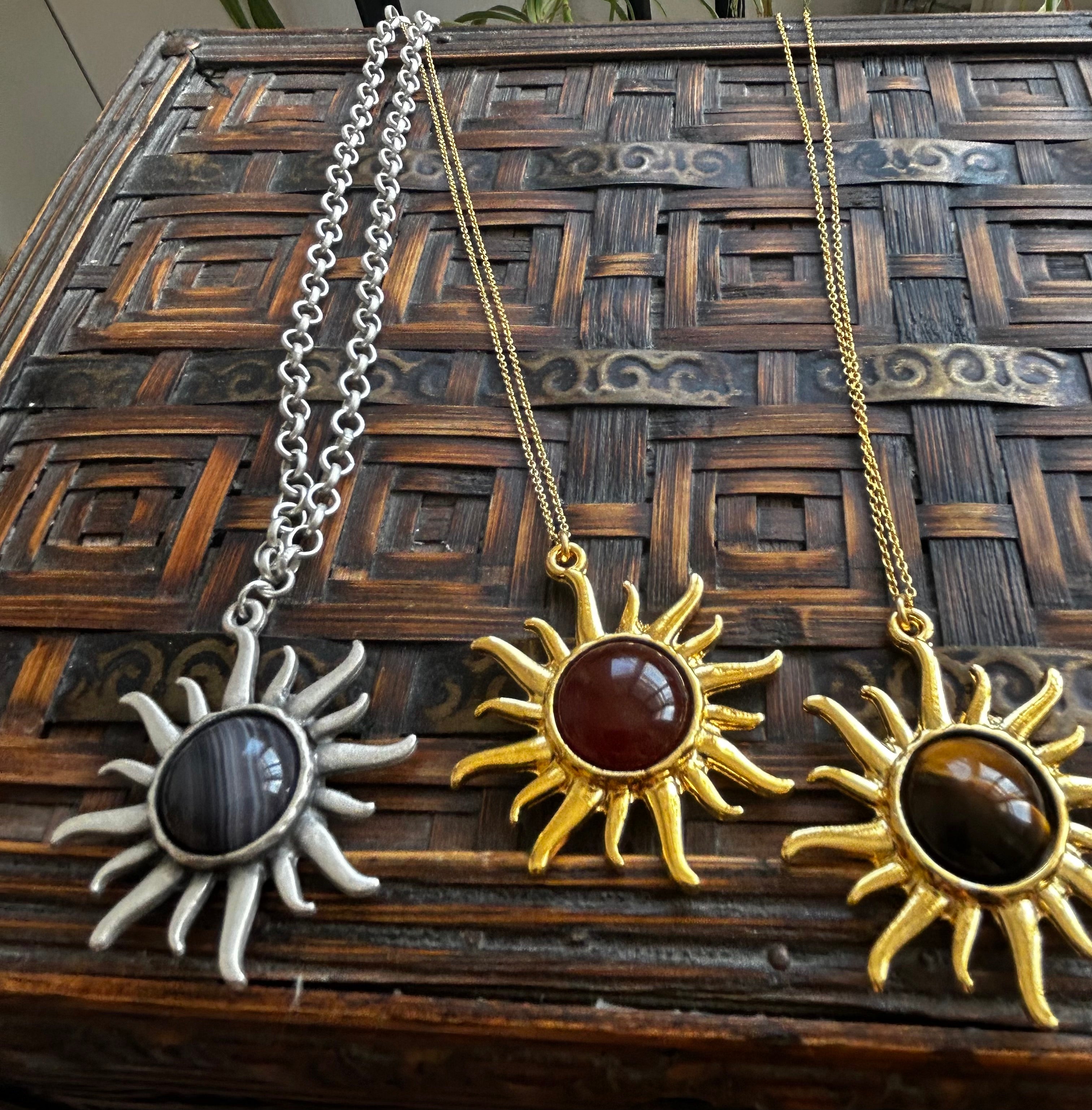 Botswana Agate on Silver Brass Sun Pendant Necklace