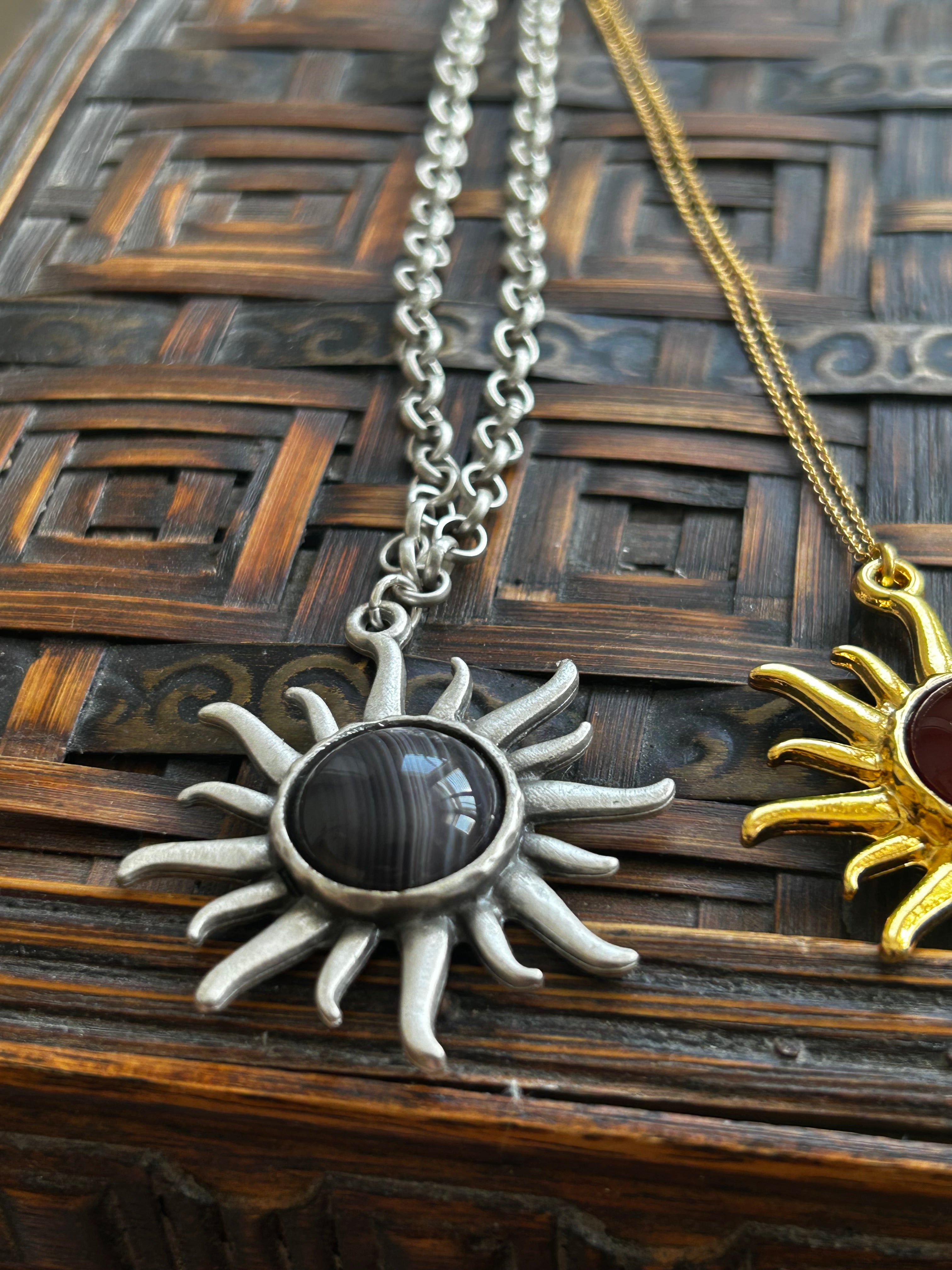 Botswana Agate on Silver Brass Sun Pendant Necklace