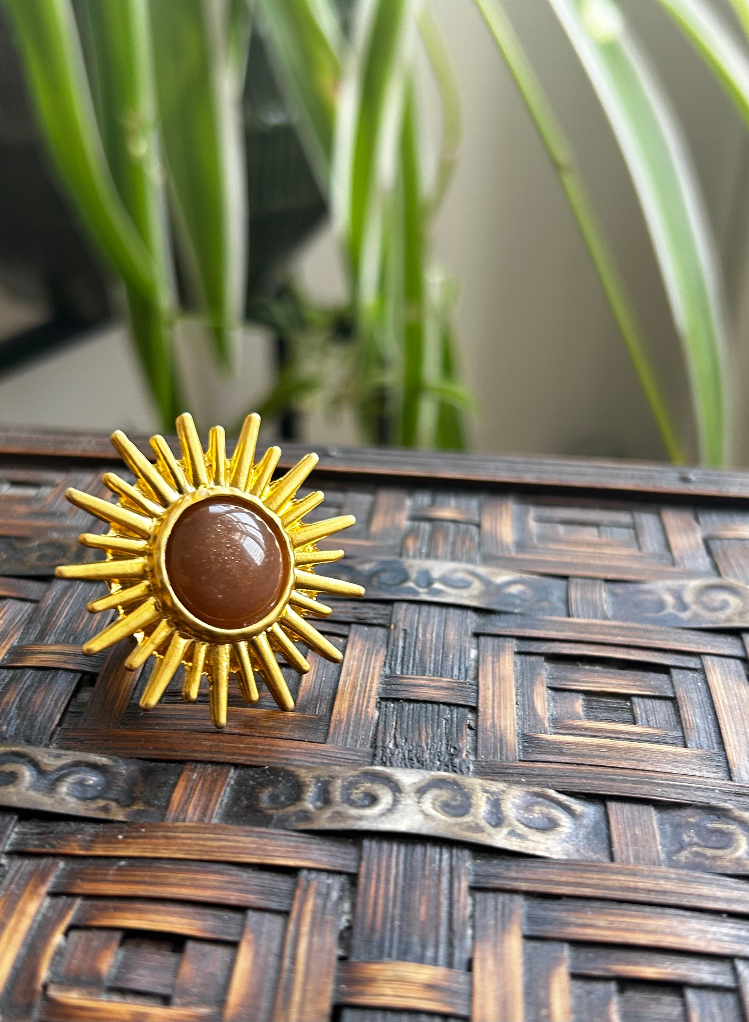 Peach Moonstone Sun Ring on Gold Plate Ring