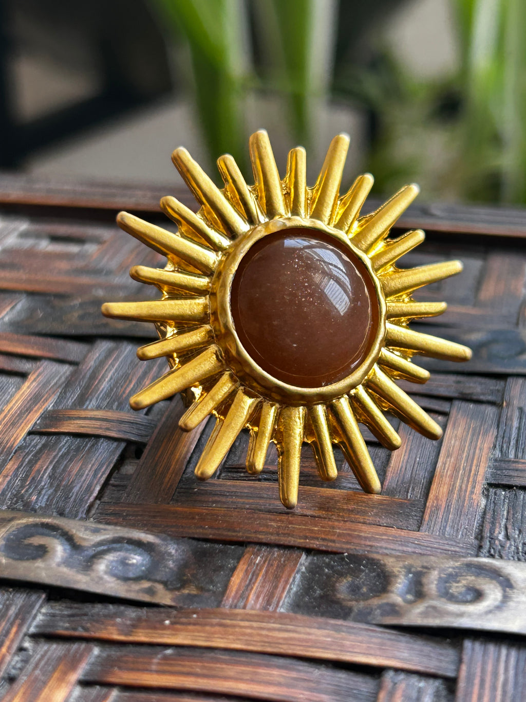 Peach Moonstone Sun Ring on Gold Plate Ring