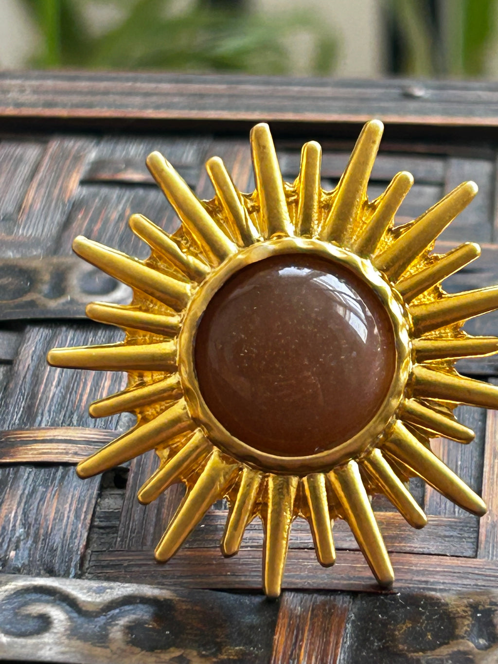 Peach Moonstone Sun Ring on Gold Plate Ring