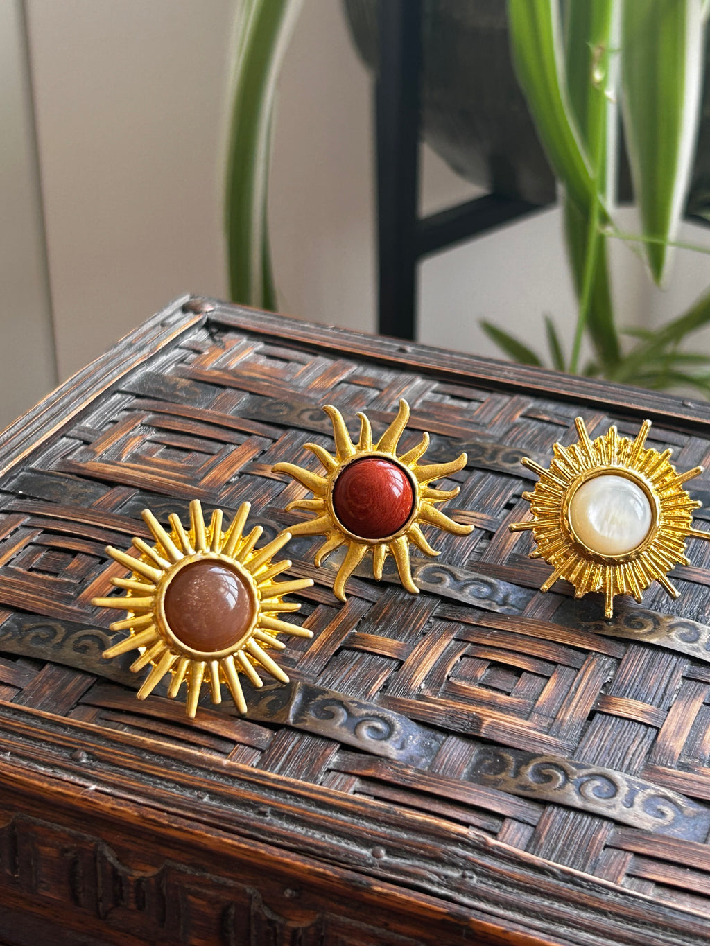 Peach Moonstone Sun Ring on Gold Plate Ring