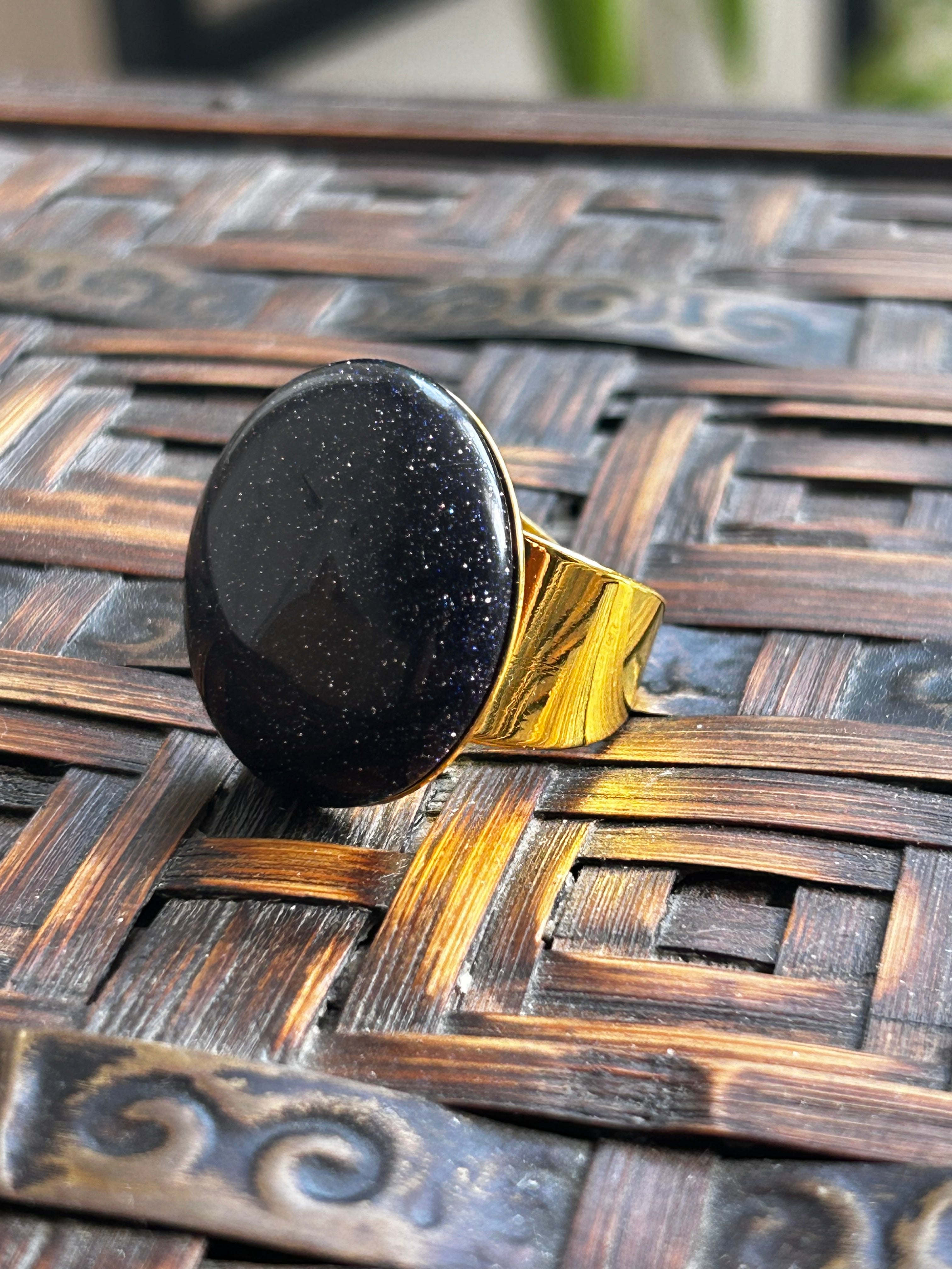 Navy Goldstone Ring on Gold Plate