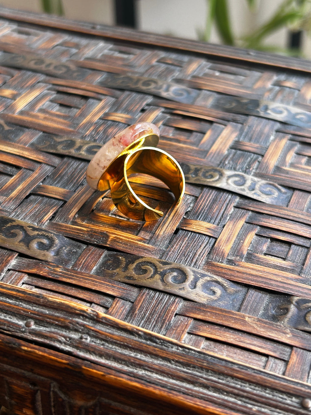 Copper Rutile Quartz Ring on Gold Plate