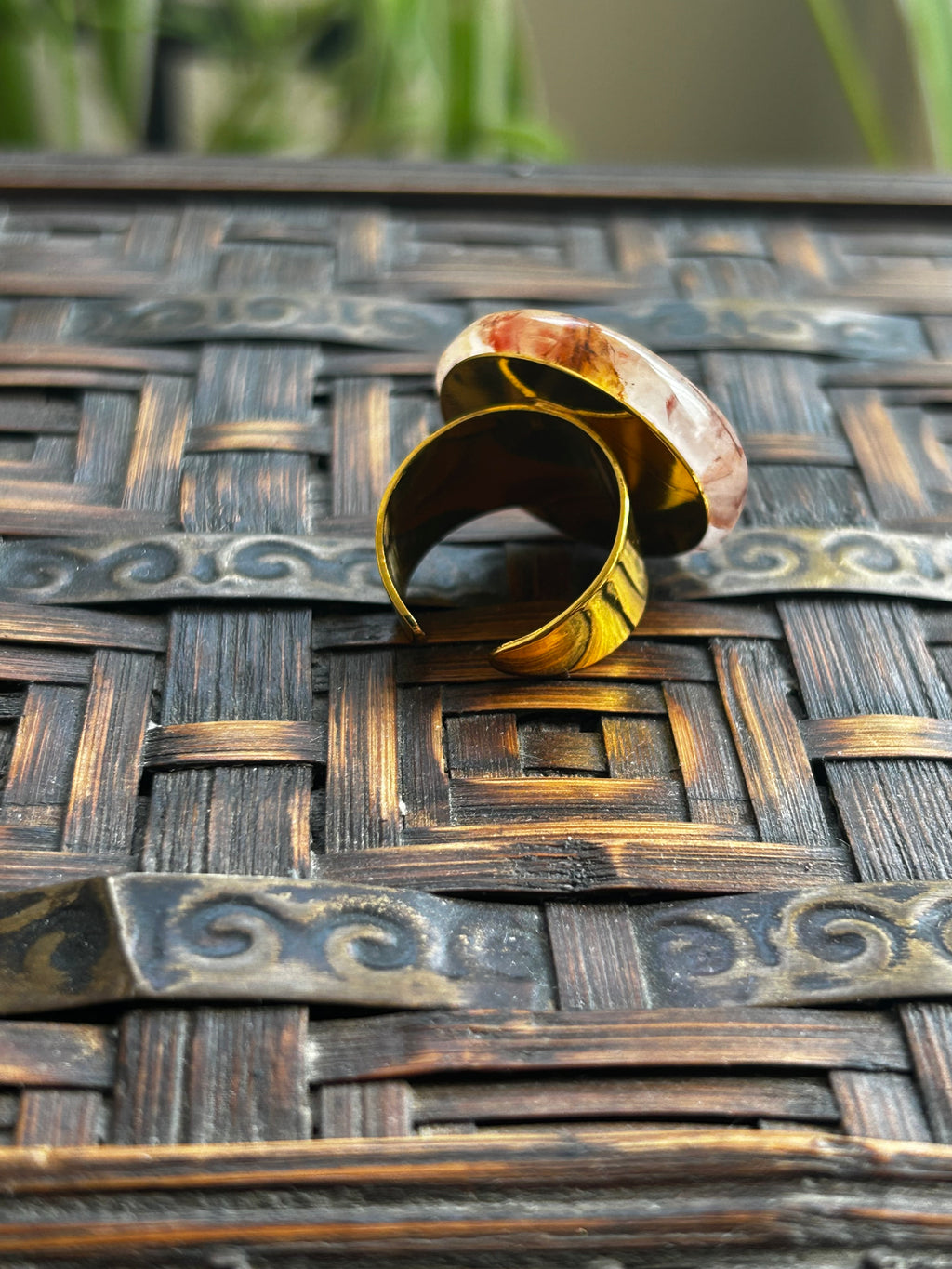 Copper Rutile Quartz Ring on Gold Plate