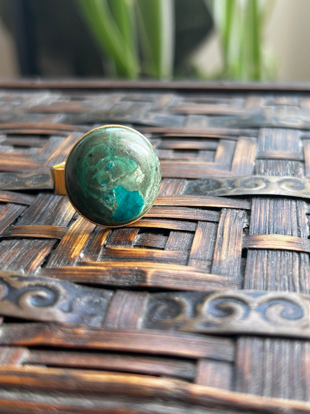 Green Chrysocolla on Gold Plate Ring