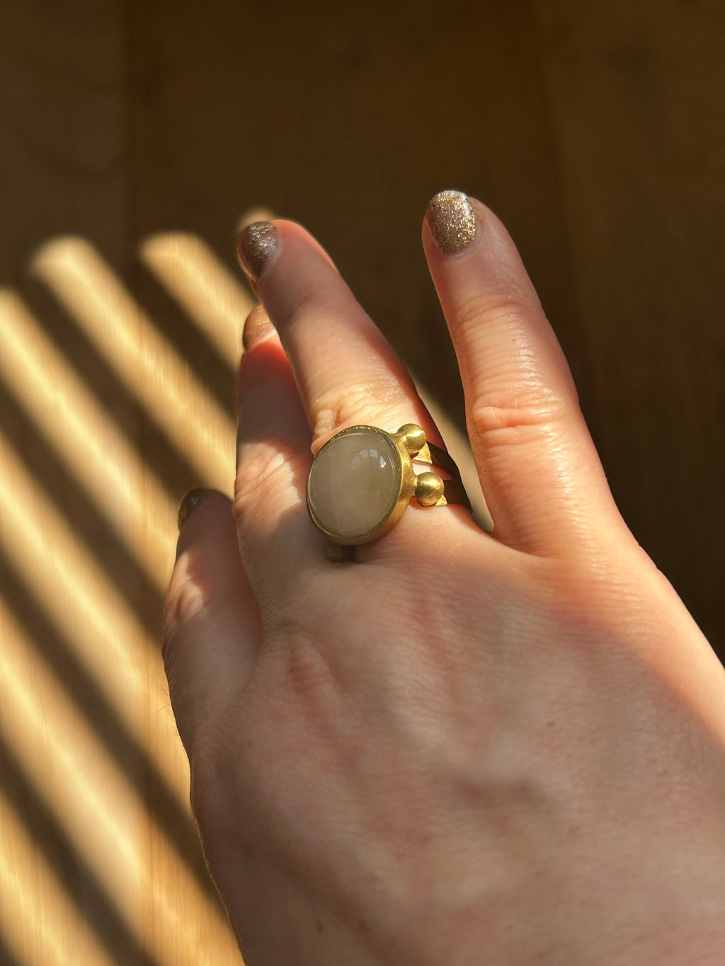 Rose Quartz on Decorative Brass Ring