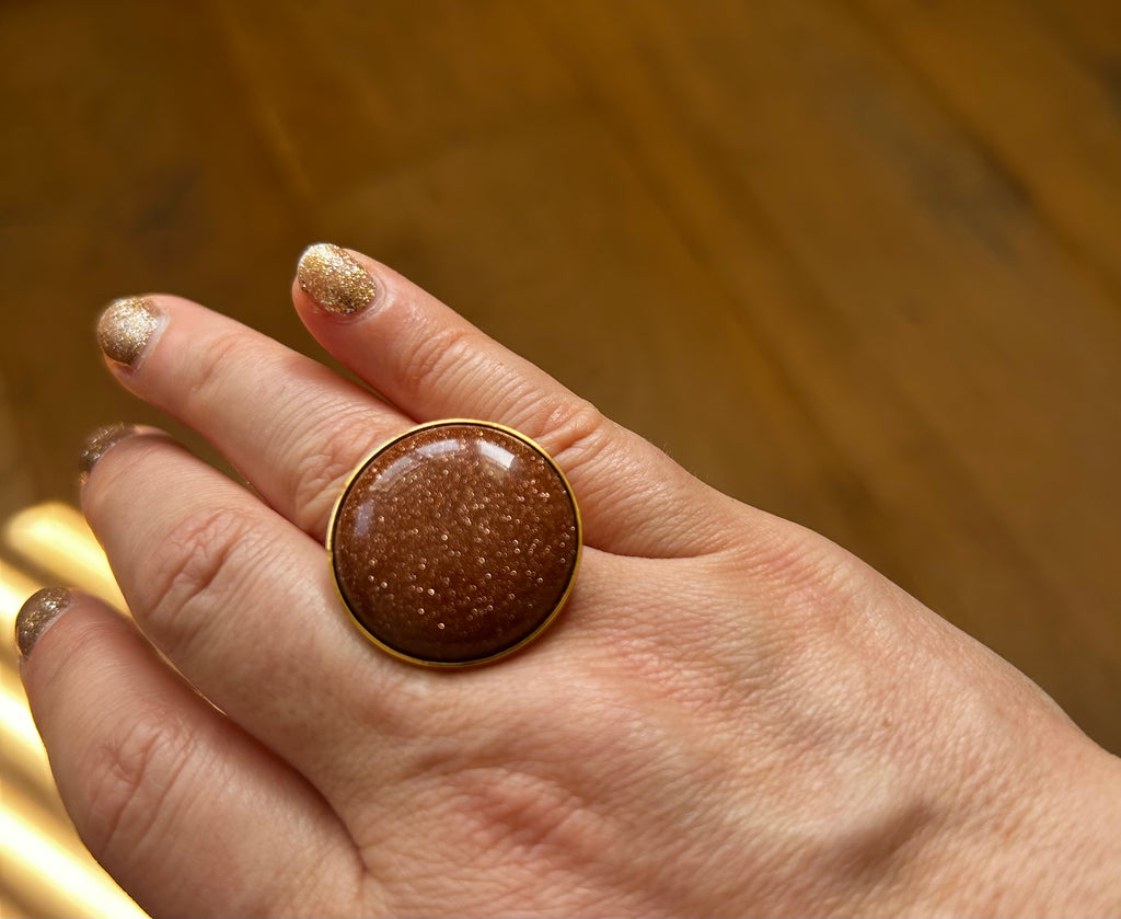 Brick Goldstone on Gold Plate Ring