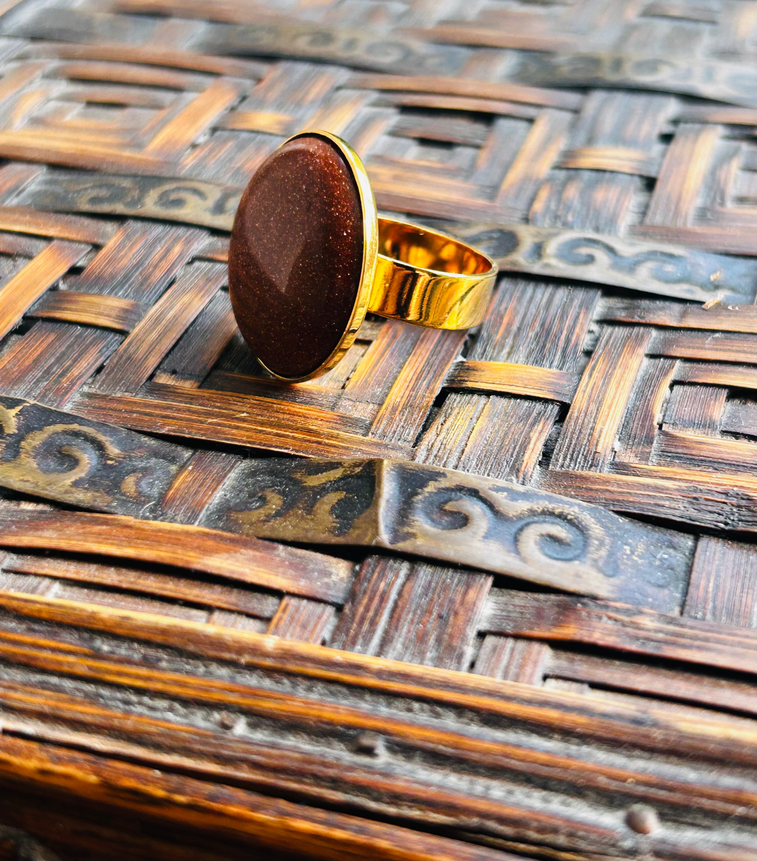 Brick Goldstone on Gold Plate Ring