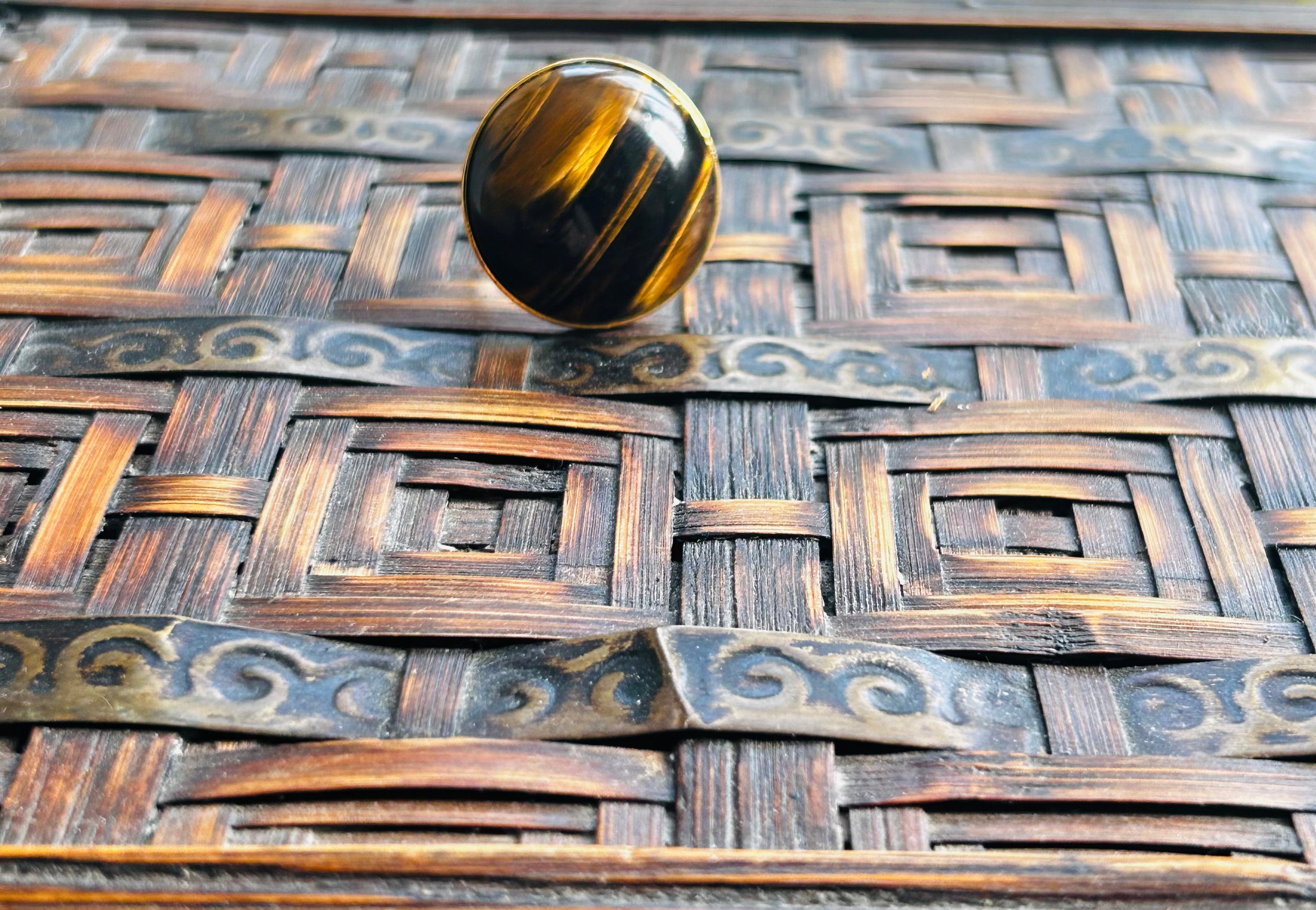 Large Tiger’s Eye on Gold Plate