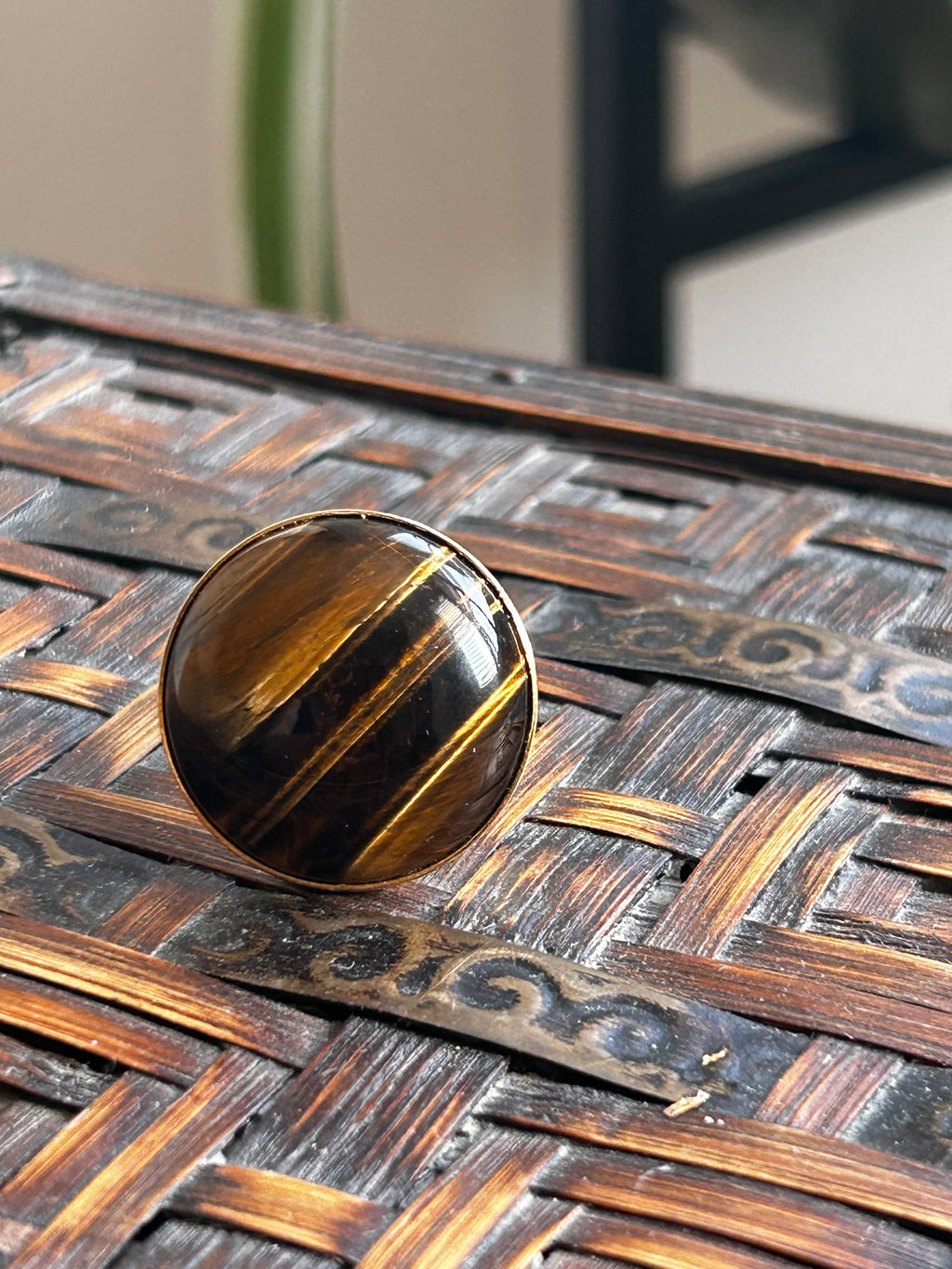 Large Tiger’s Eye on Gold Plate