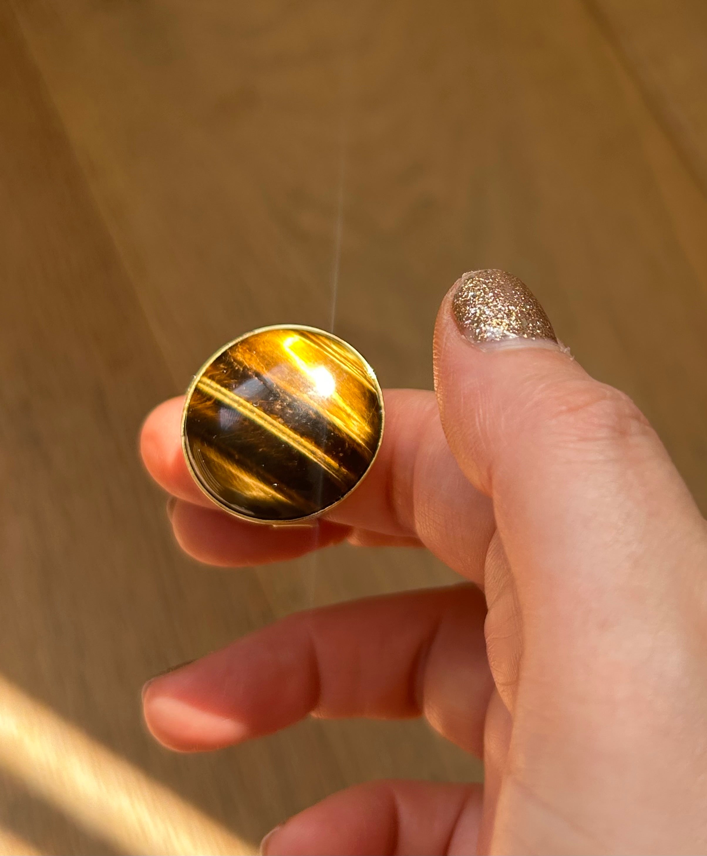 Large Tiger’s Eye on Gold Plate