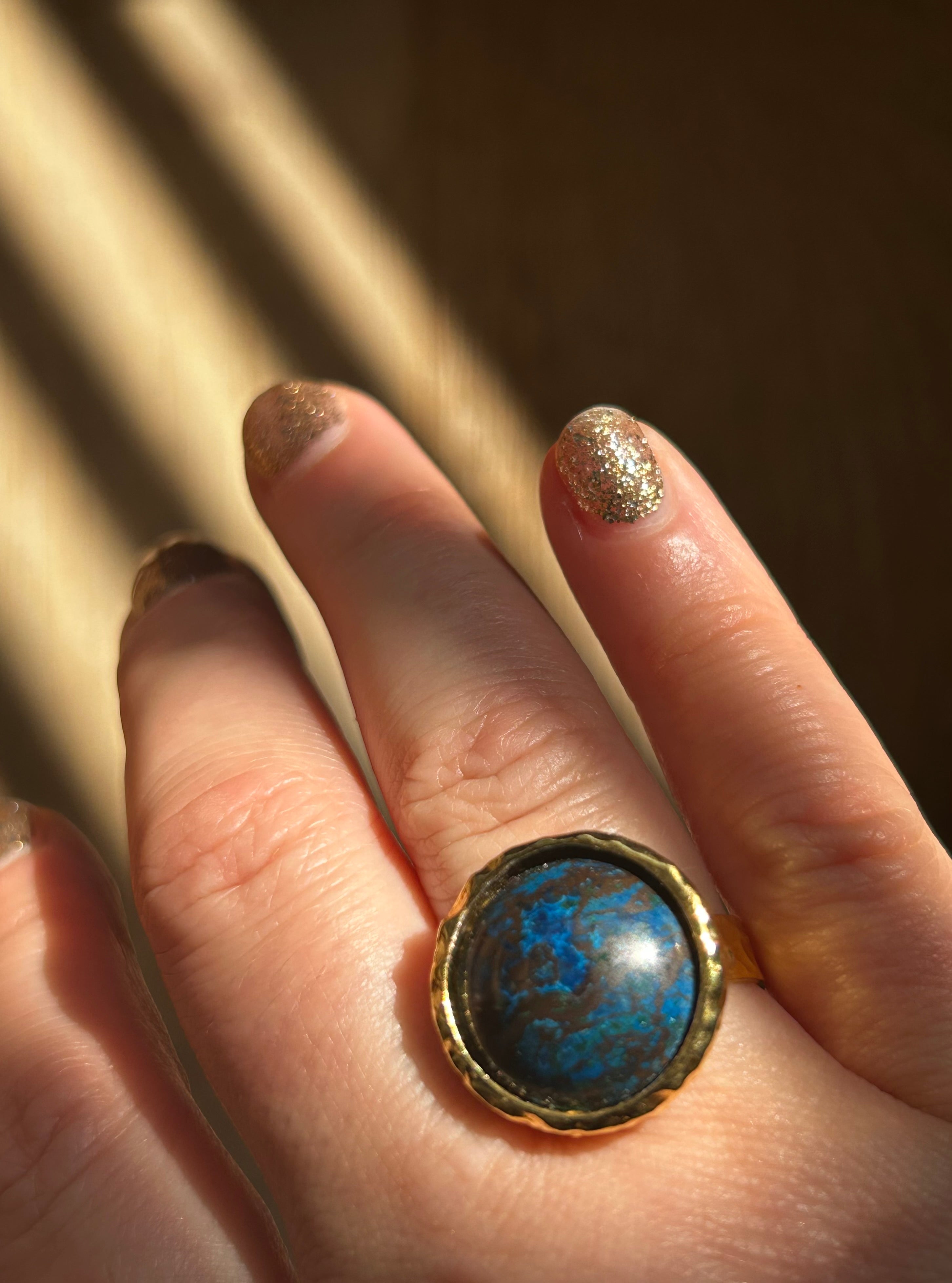 Dark Chrysocolla on Textured Gold Plated Brass Ring