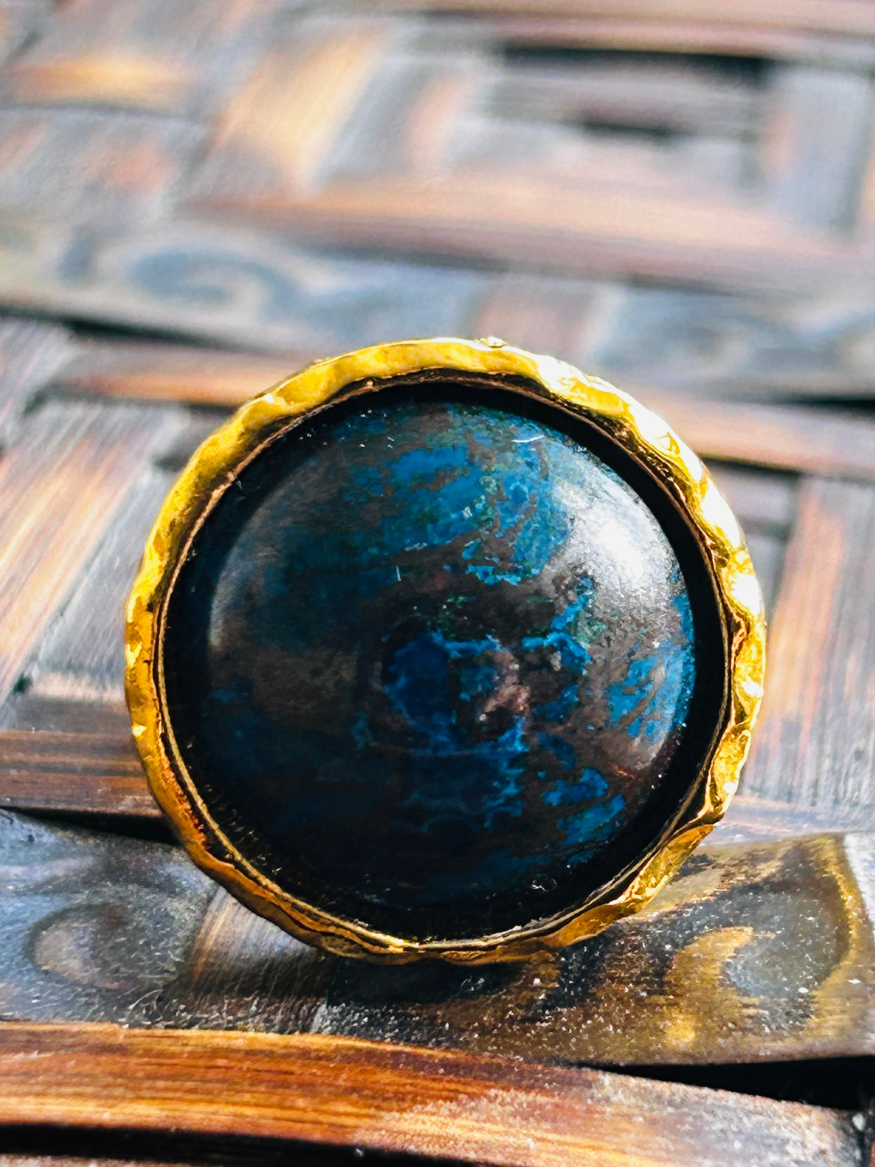 Dark Chrysocolla on Textured Gold Plated Brass Ring