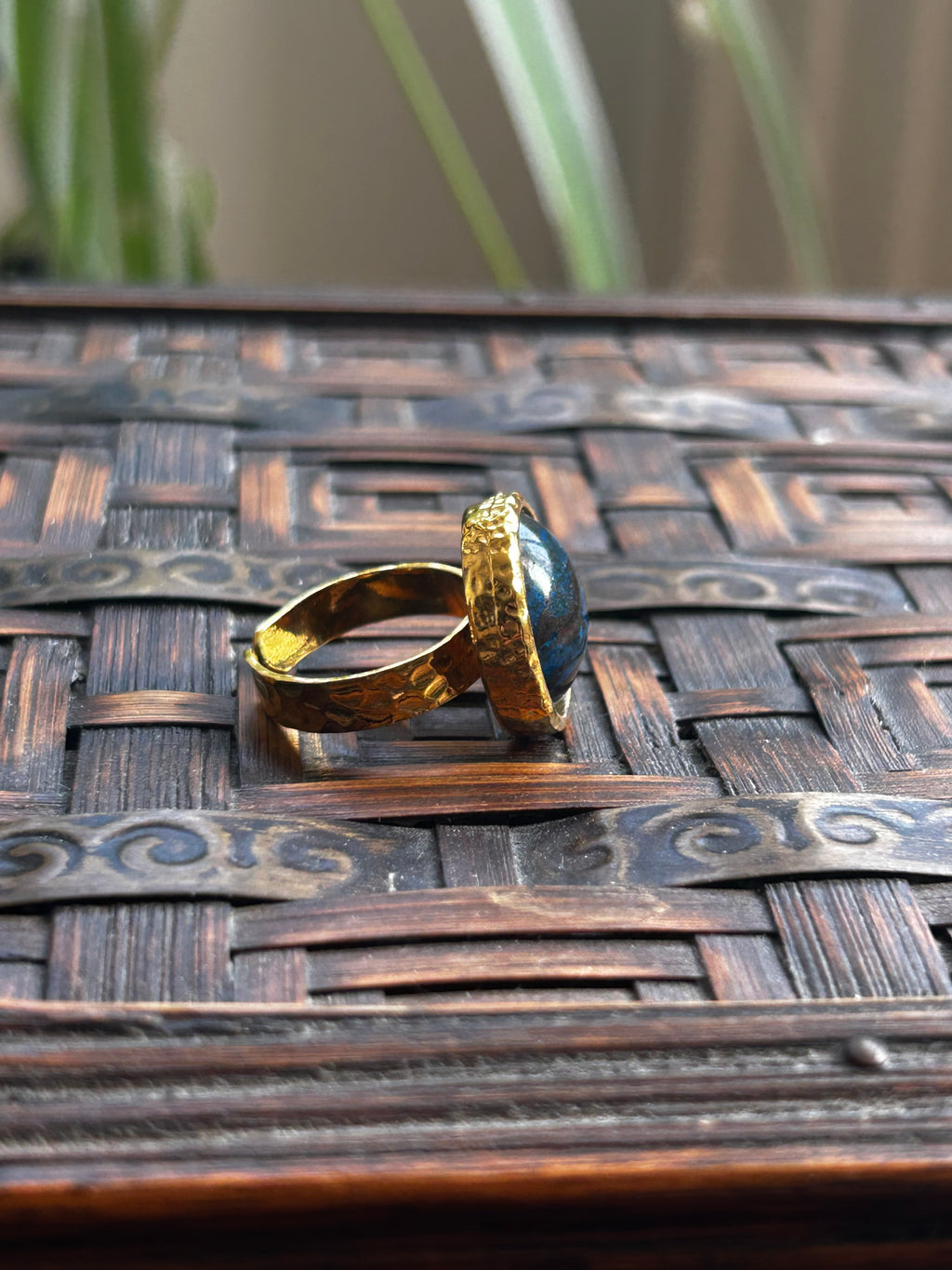 Dark Chrysocolla on Textured Gold Plated Brass Ring