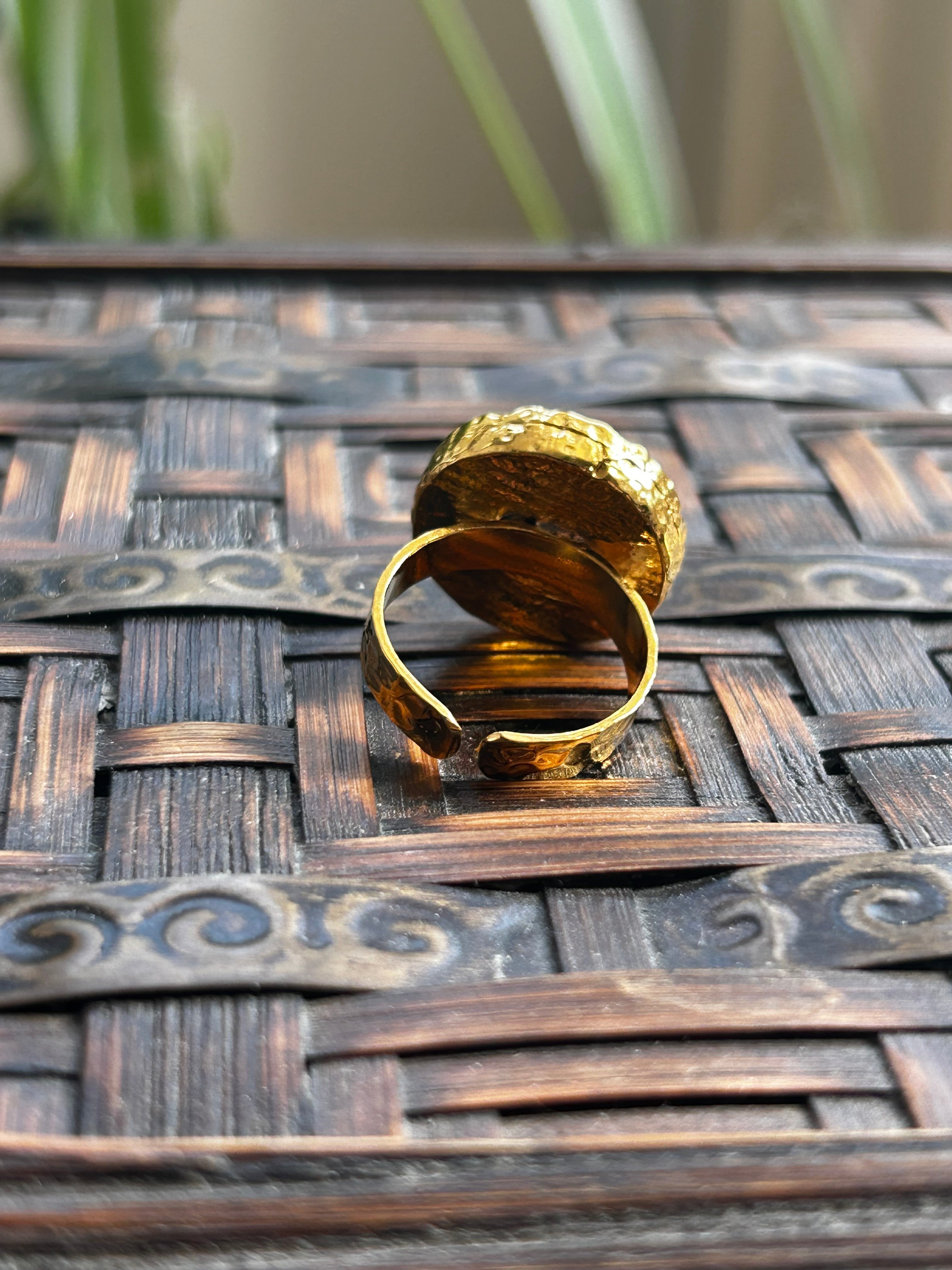 Dark Chrysocolla on Textured Gold Plated Brass Ring