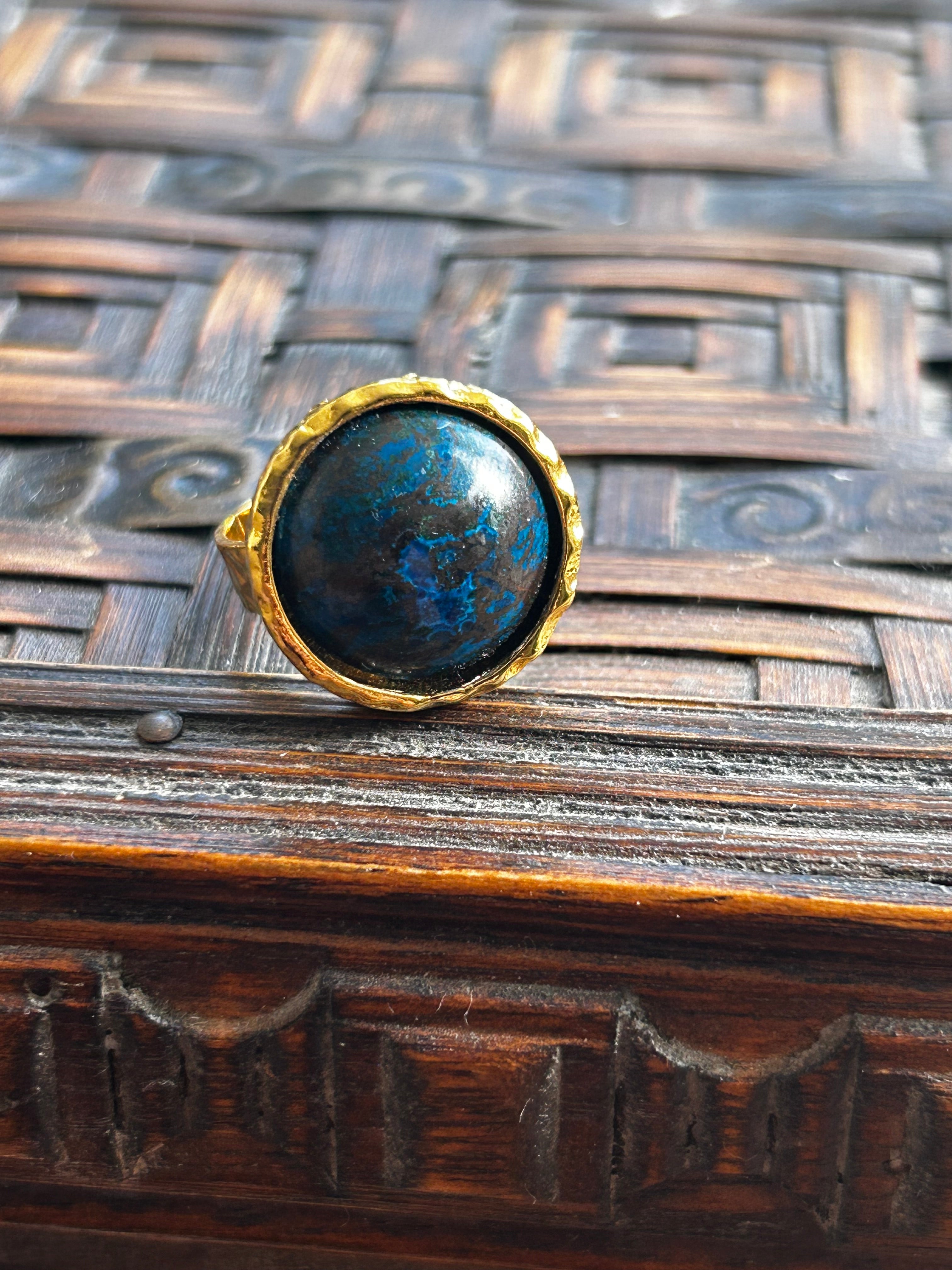 Dark Chrysocolla on Textured Gold Plated Brass Ring