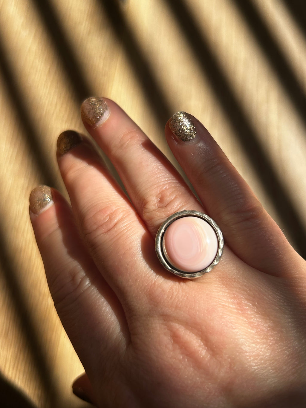 Pink Mother of Pearl on Textured Silver Brass Ring