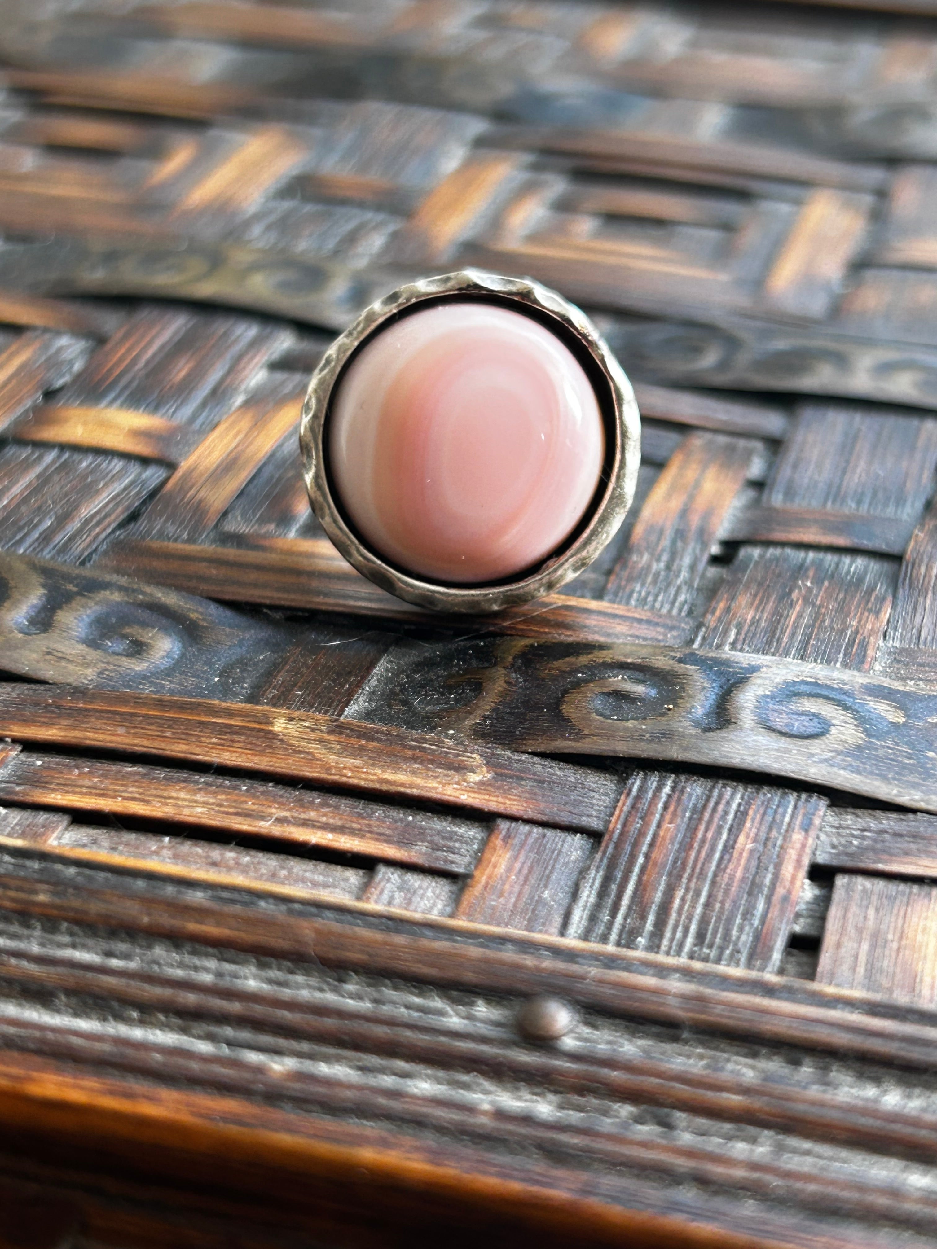 Pink Mother of Pearl on Textured Silver Brass Ring