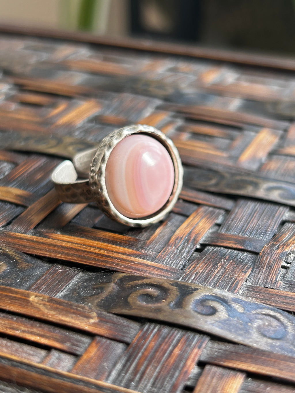 Pink Mother of Pearl on Textured Silver Brass Ring