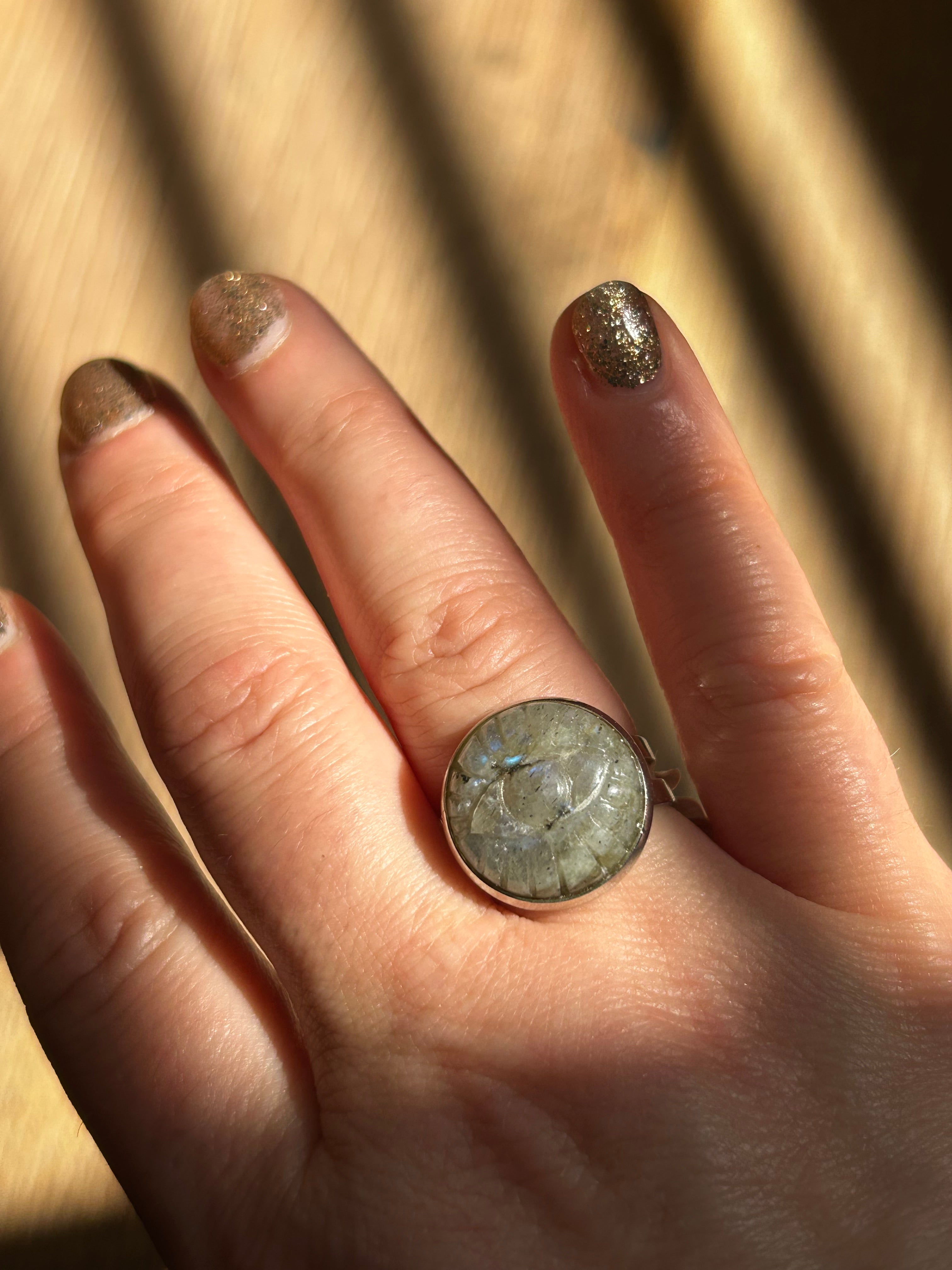 Rainbow Labradorite Carved Eye Ring on Rhodium