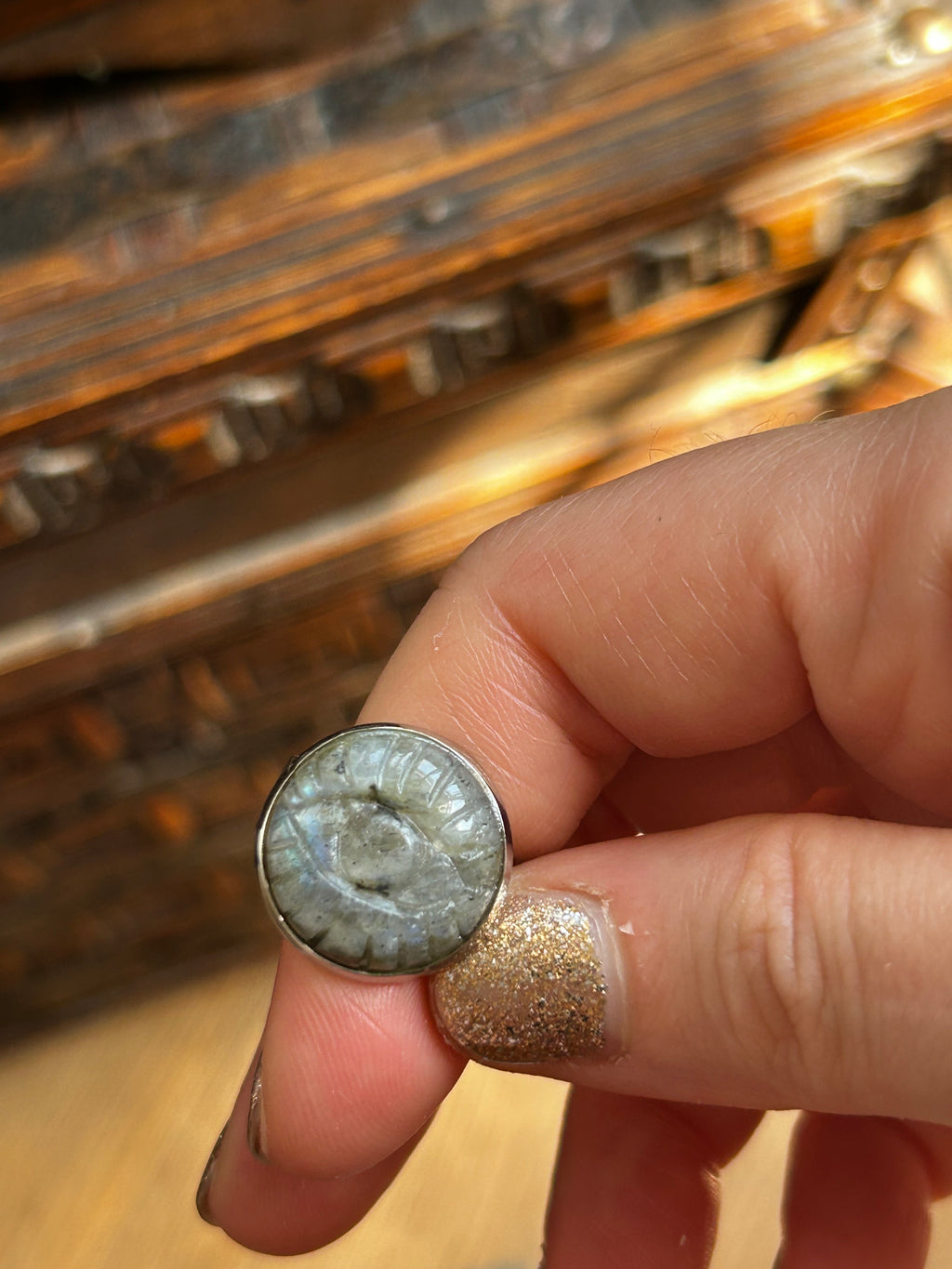 Rainbow Labradorite Carved Eye Ring on Rhodium